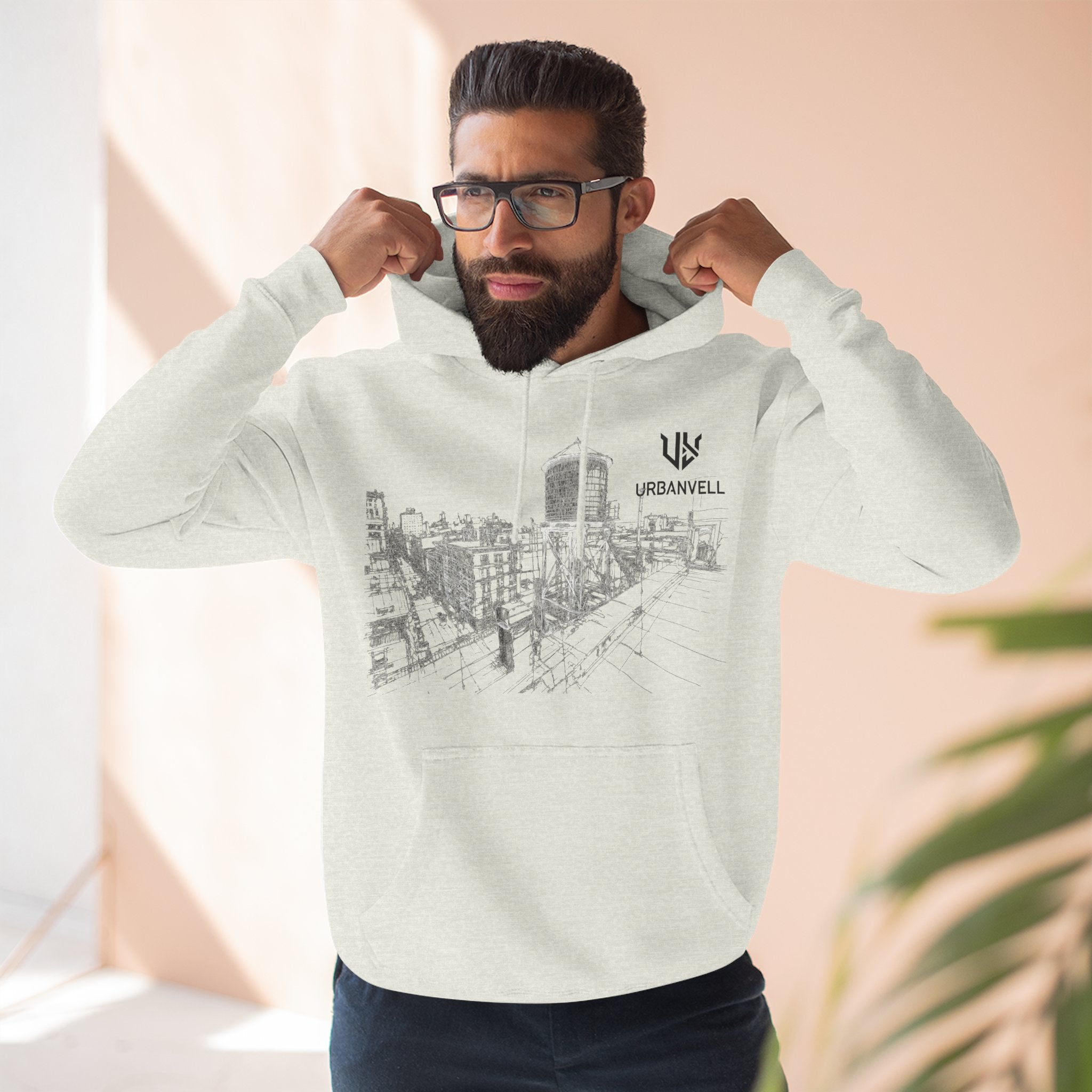 Water Tower Sketch Hoodie — URBANVELL Skyline Graphic Fleece Hoodie