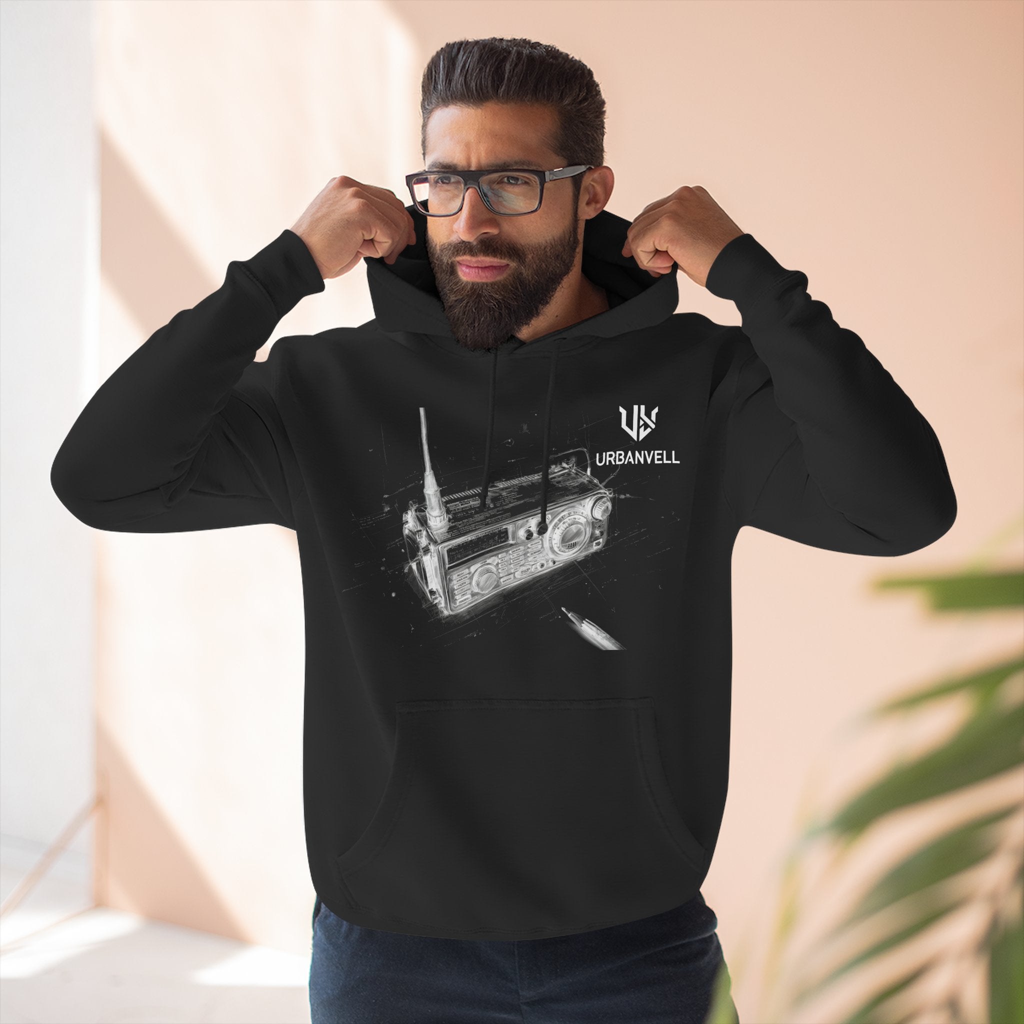Walkie-Talkie Radio Sketch Hoodie — URBANVELL Minimal Urban Radio Graphic Fleece Pullover