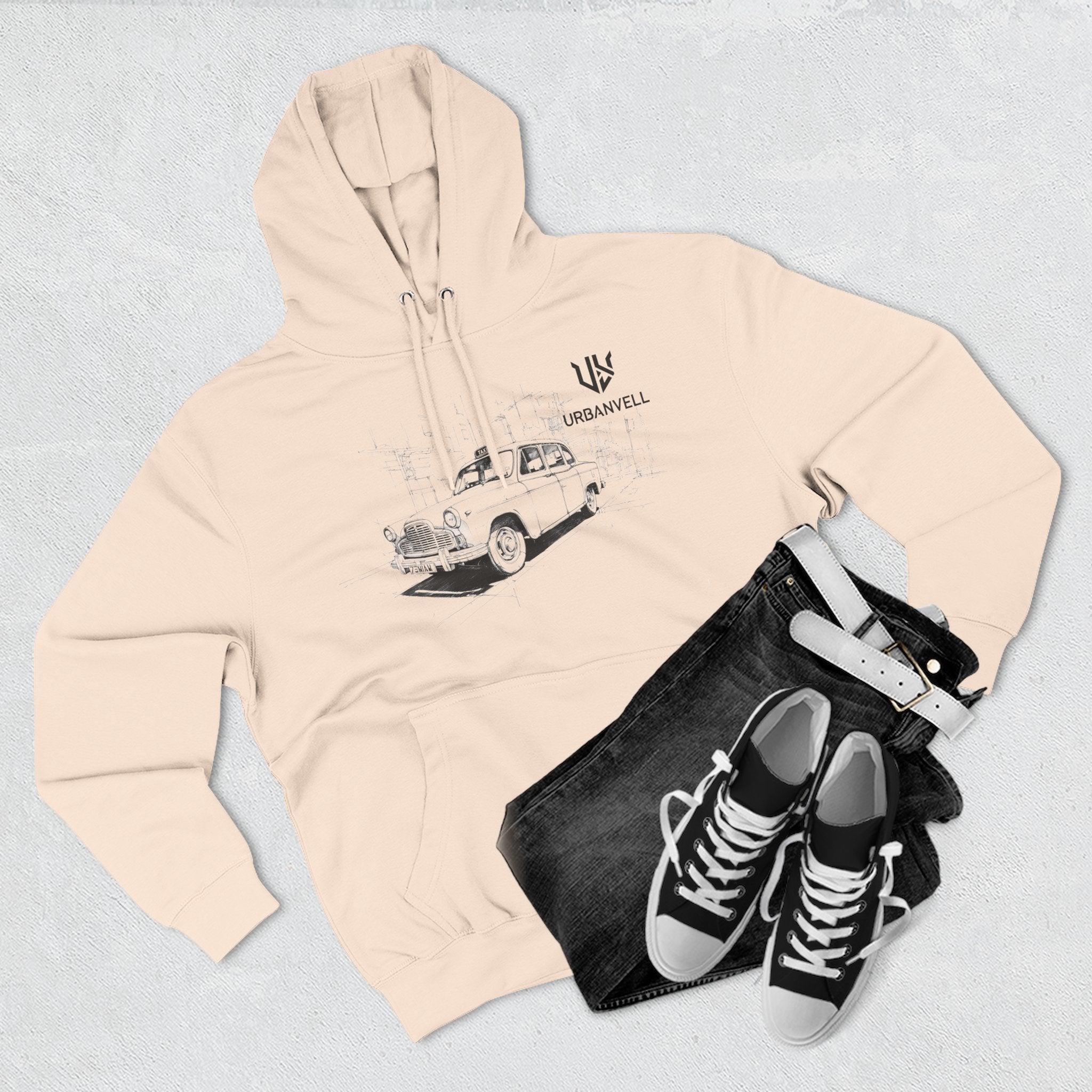 Old City Cab Illustration Hoodie — URBANVELL Classic Convertible Graphic Hoodie