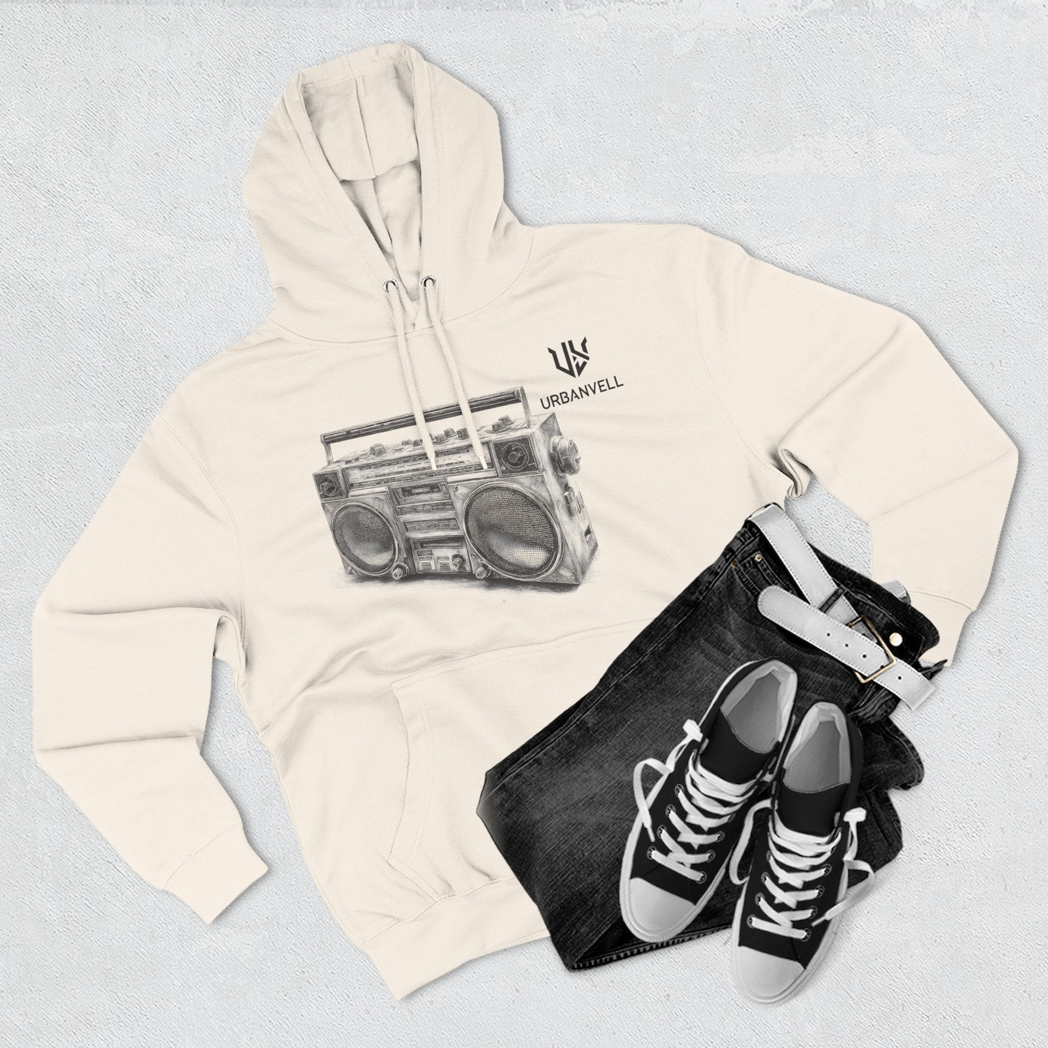 Boombox Sketch Hoodie — URBANVELL Retro Urban Music Fleece Pullover