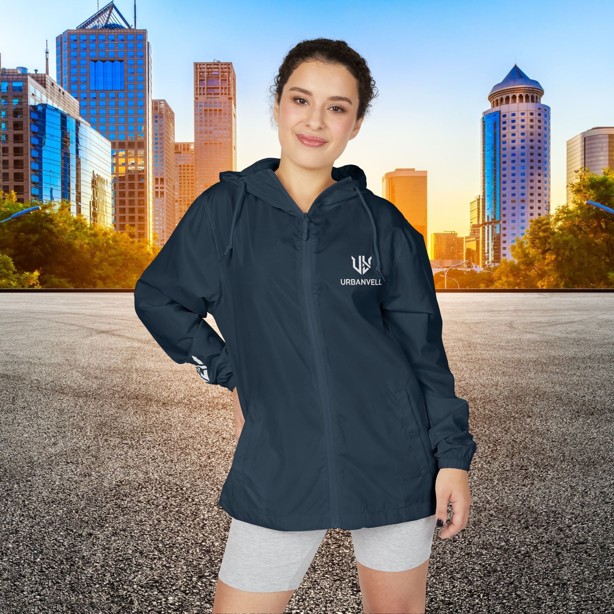 White Camo Windbreaker Jacket with URBANVELL Logo — Lightweight Full-Zip Hooded Jacket