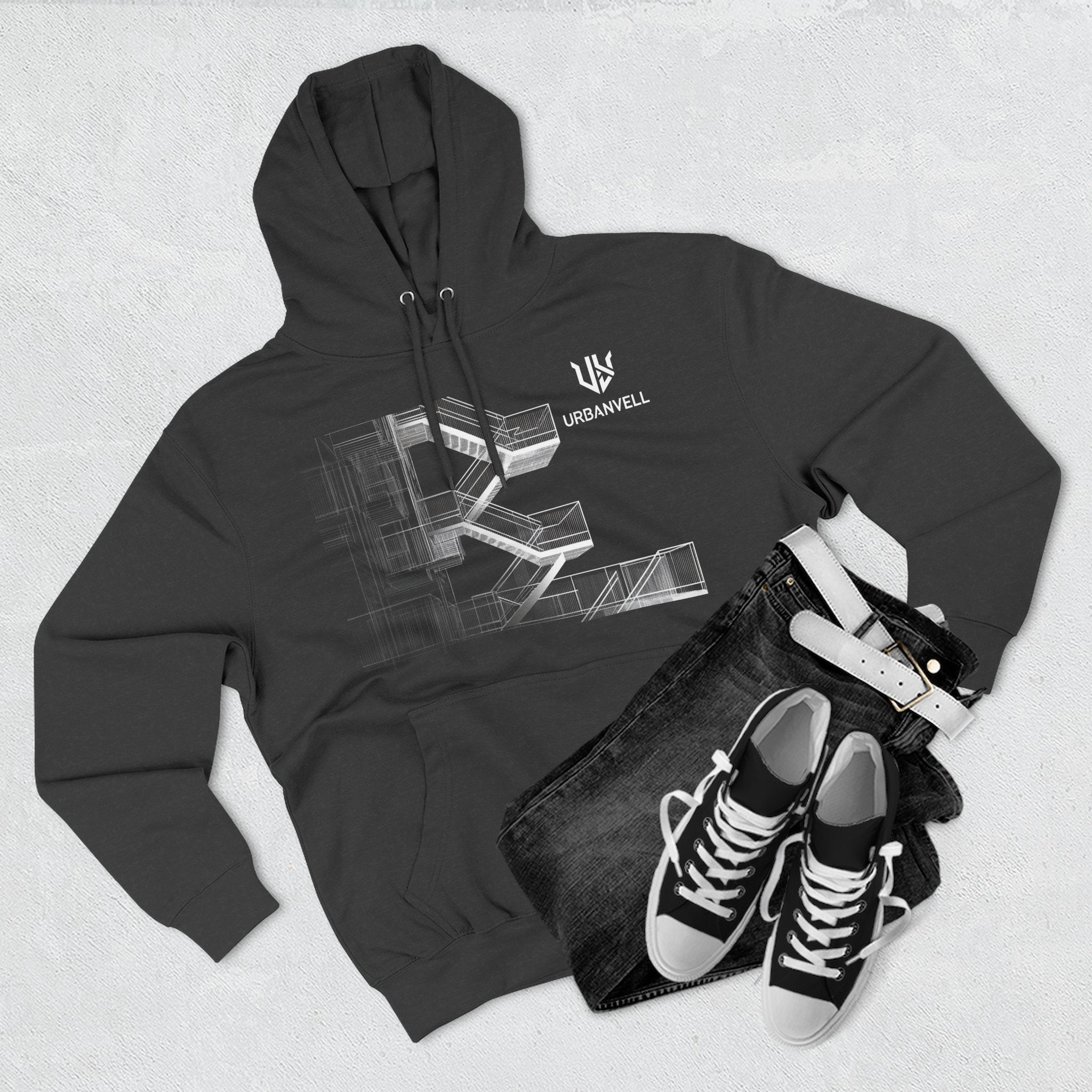 Architectural Fire Escape Stairs Sketch Hoodie — URBANVELL Three-Panel Fleece Pullover