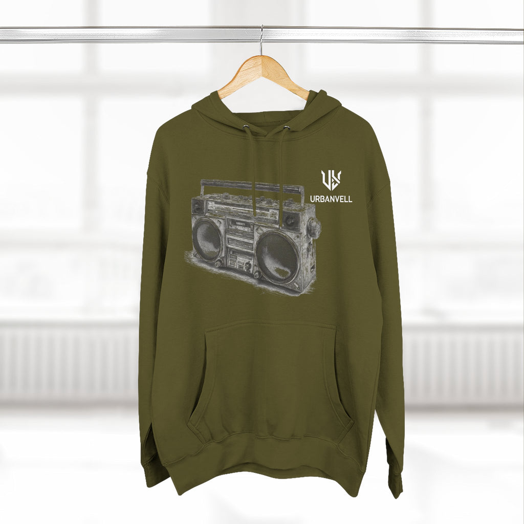 Boombox Sketch Hoodie — URBANVELL Retro Urban Music Fleece Pullover