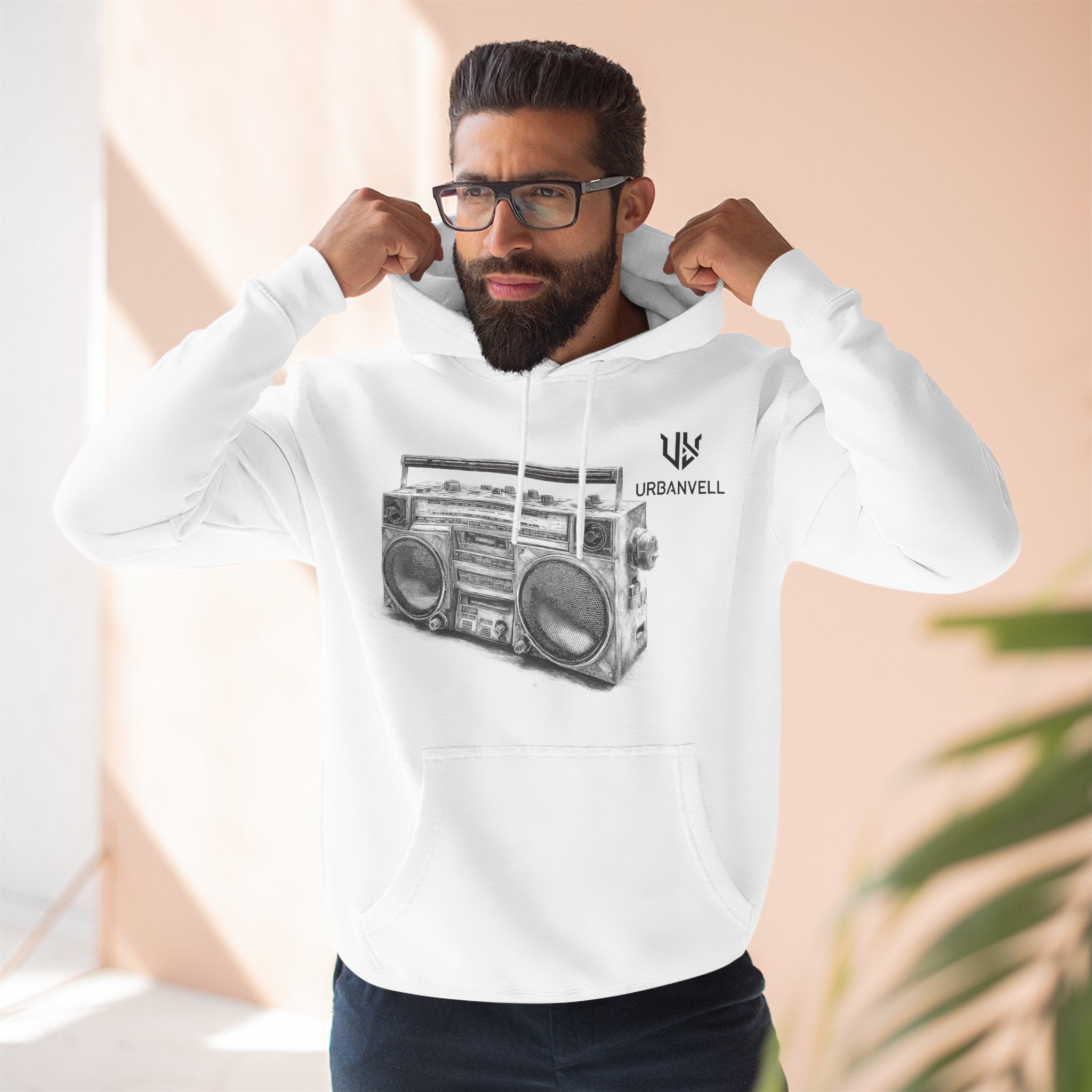 Boombox Sketch Hoodie — URBANVELL Retro Urban Music Fleece Pullover