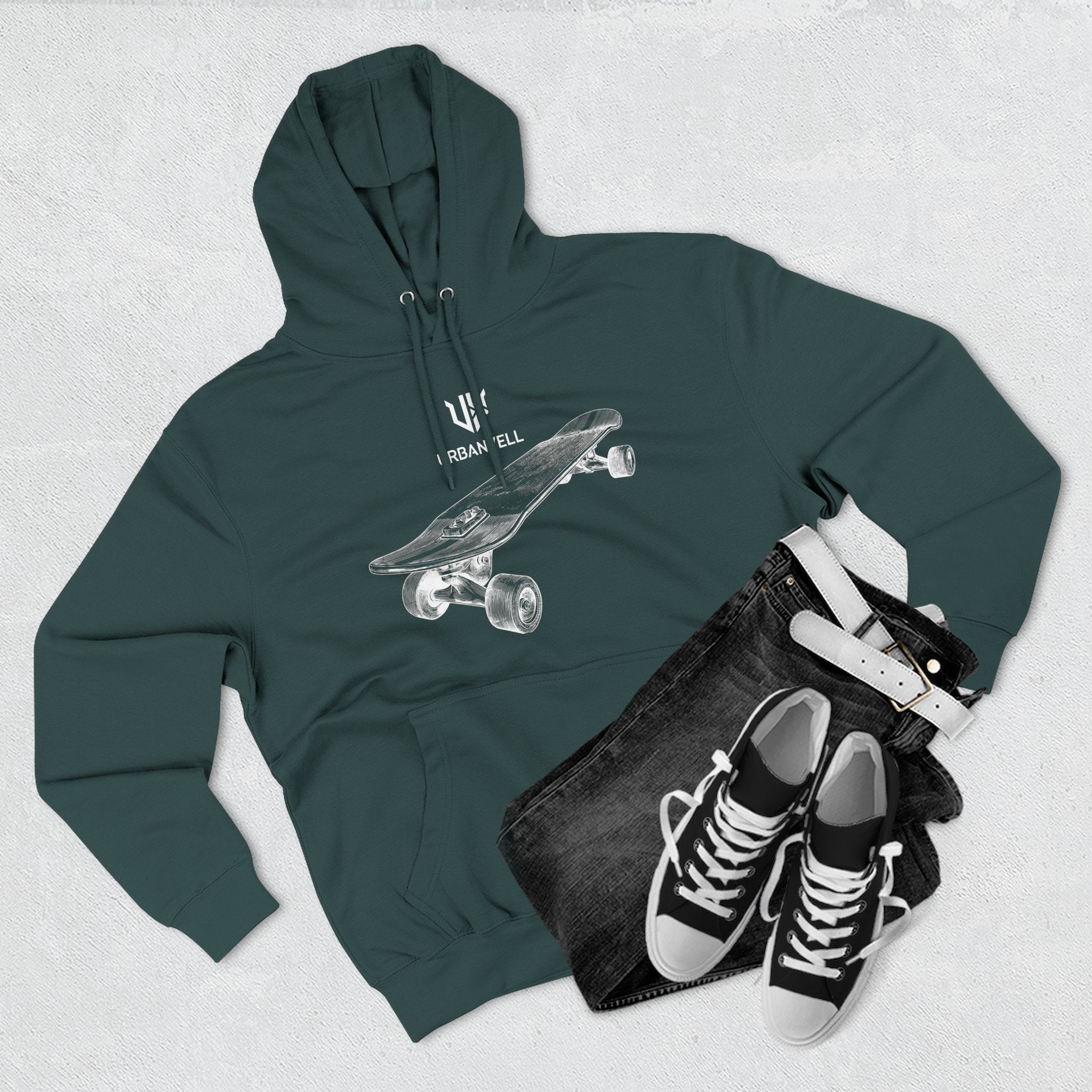 Skateboard Sketch Hoodie — URBANVELL Minimalist Hand-Drawn Skate Deck Pullover