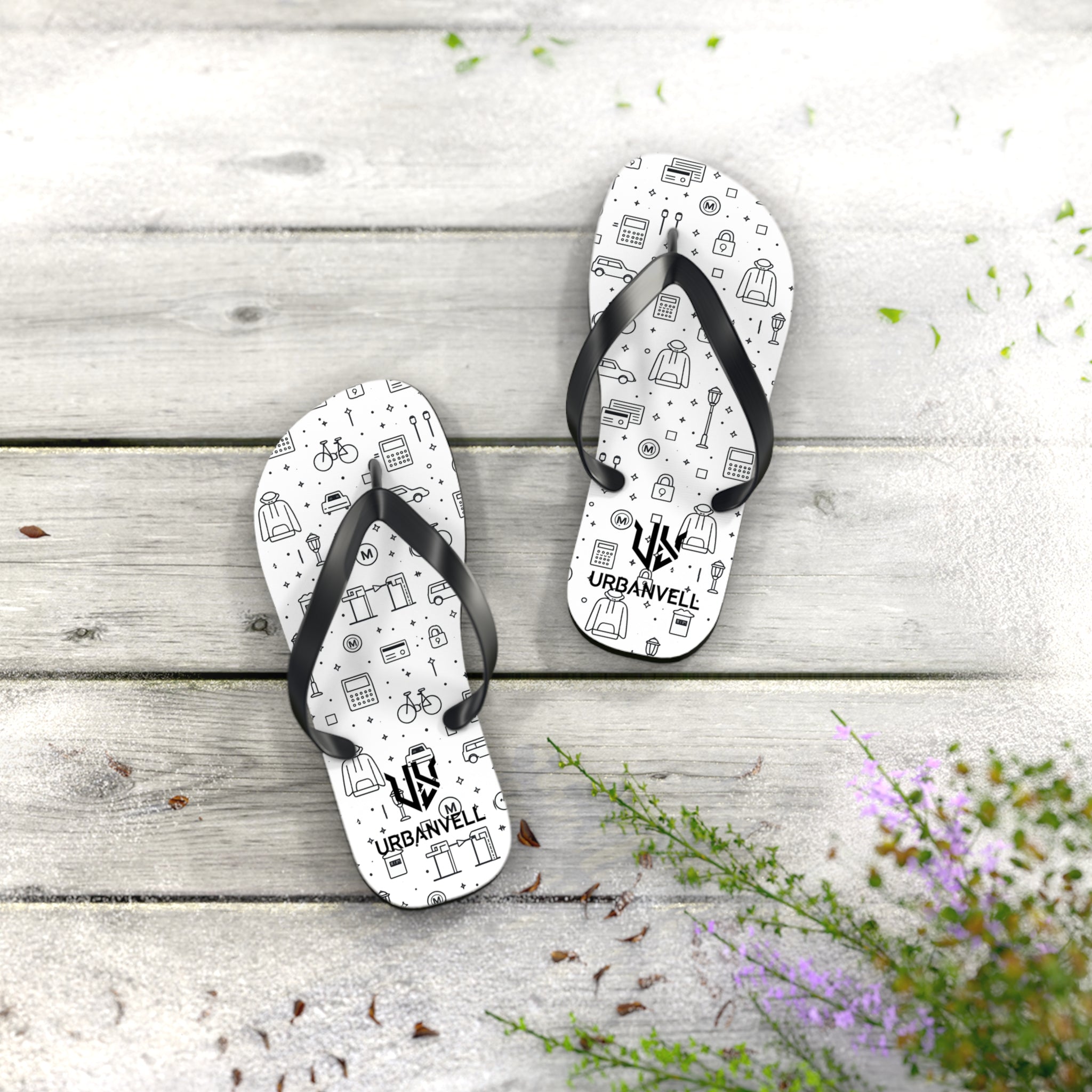 Urban Pattern Flip Flops — Monochrome City Icons Beach Sandals