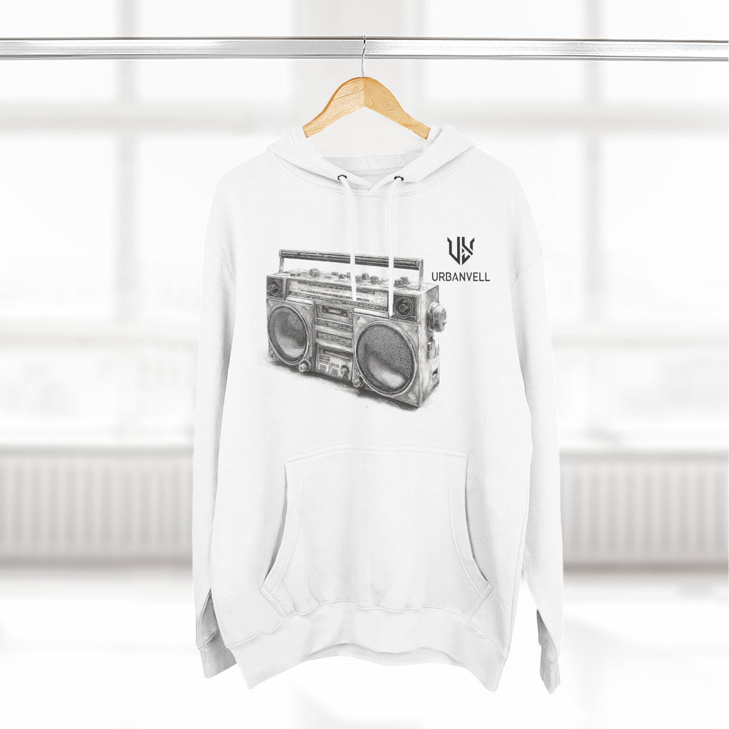 Boombox Sketch Hoodie — URBANVELL Retro Urban Music Fleece Pullover