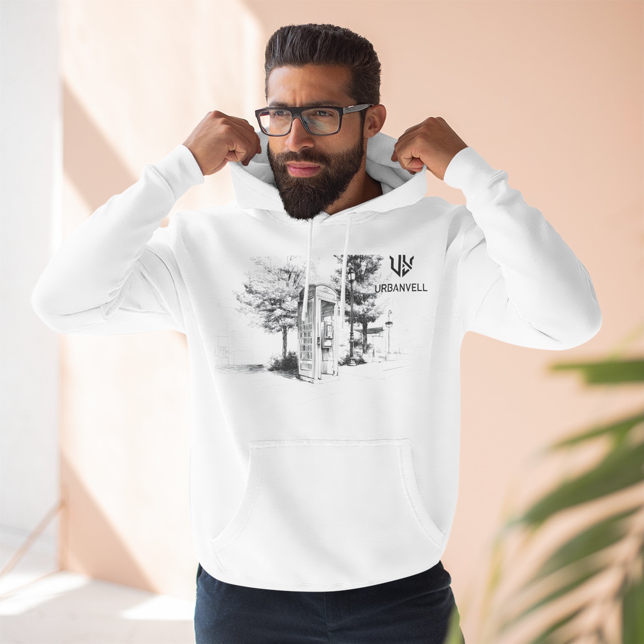 Phone Booth Three-Panel Fleece Hoodie — URBANVELL Minimal Urban Sketch Graphic Hoodie