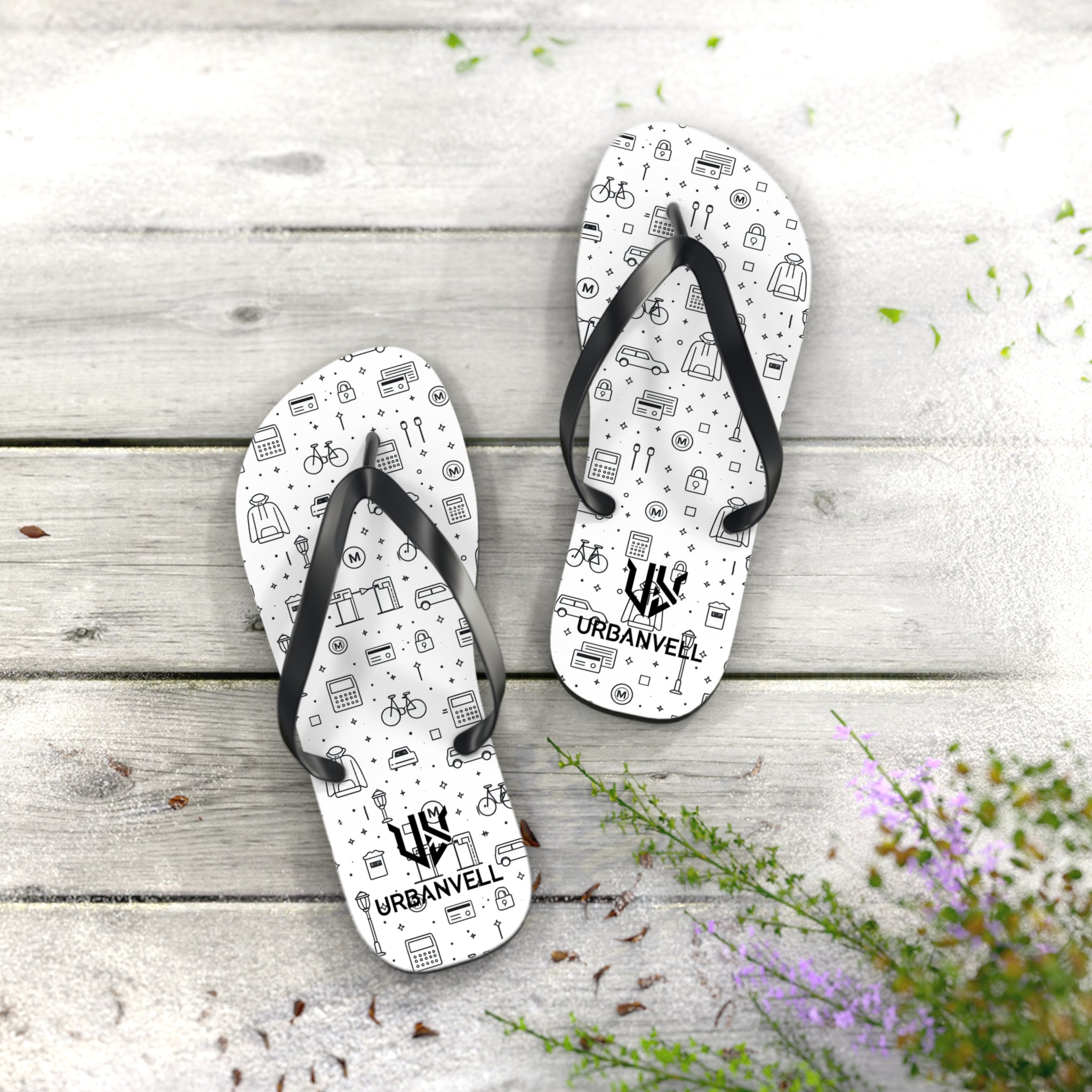 Urban Pattern Flip Flops — Monochrome City Icons Beach Sandals