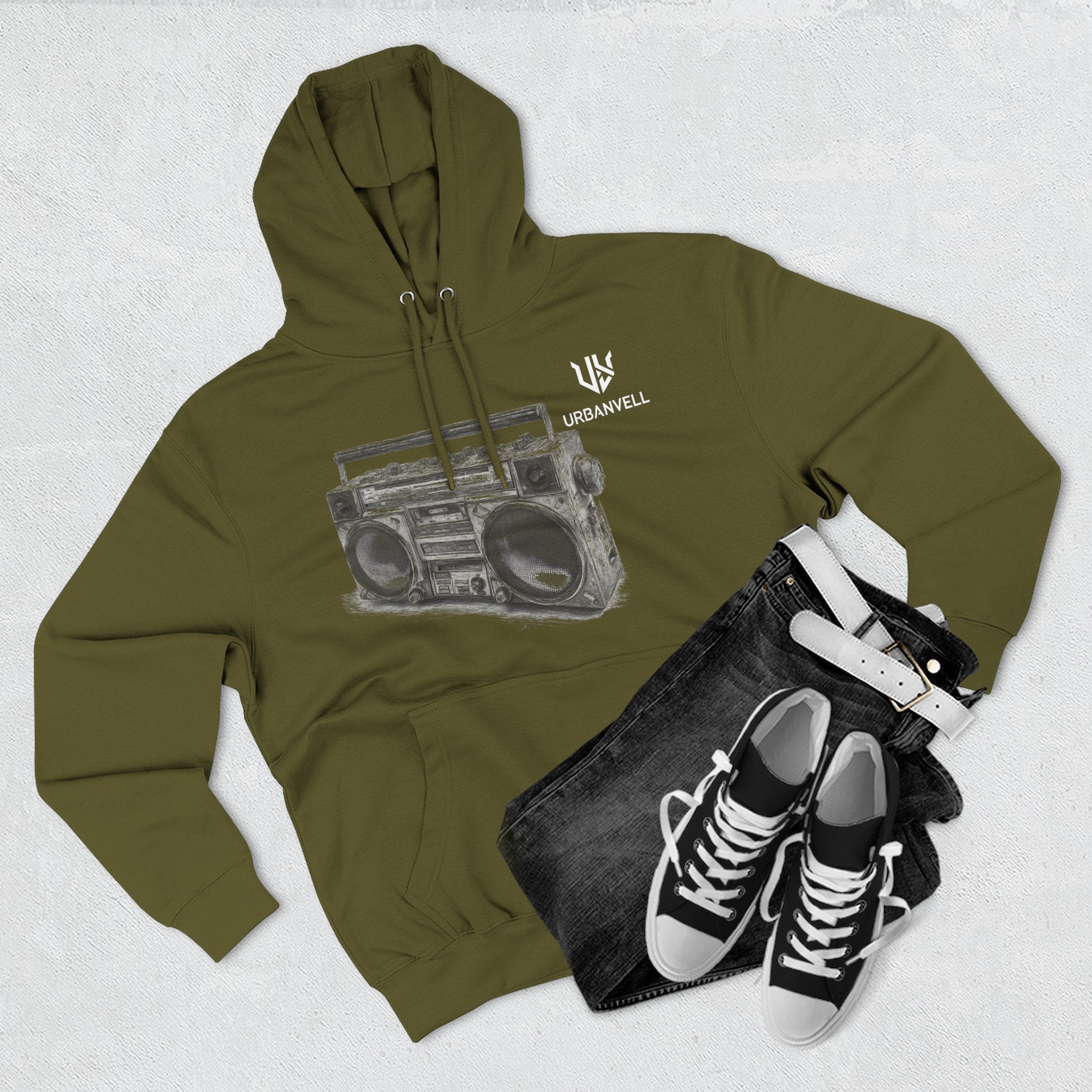 Boombox Sketch Hoodie — URBANVELL Retro Urban Music Fleece Pullover