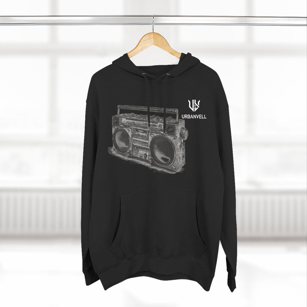 Boombox Sketch Hoodie — URBANVELL Retro Urban Music Fleece Pullover