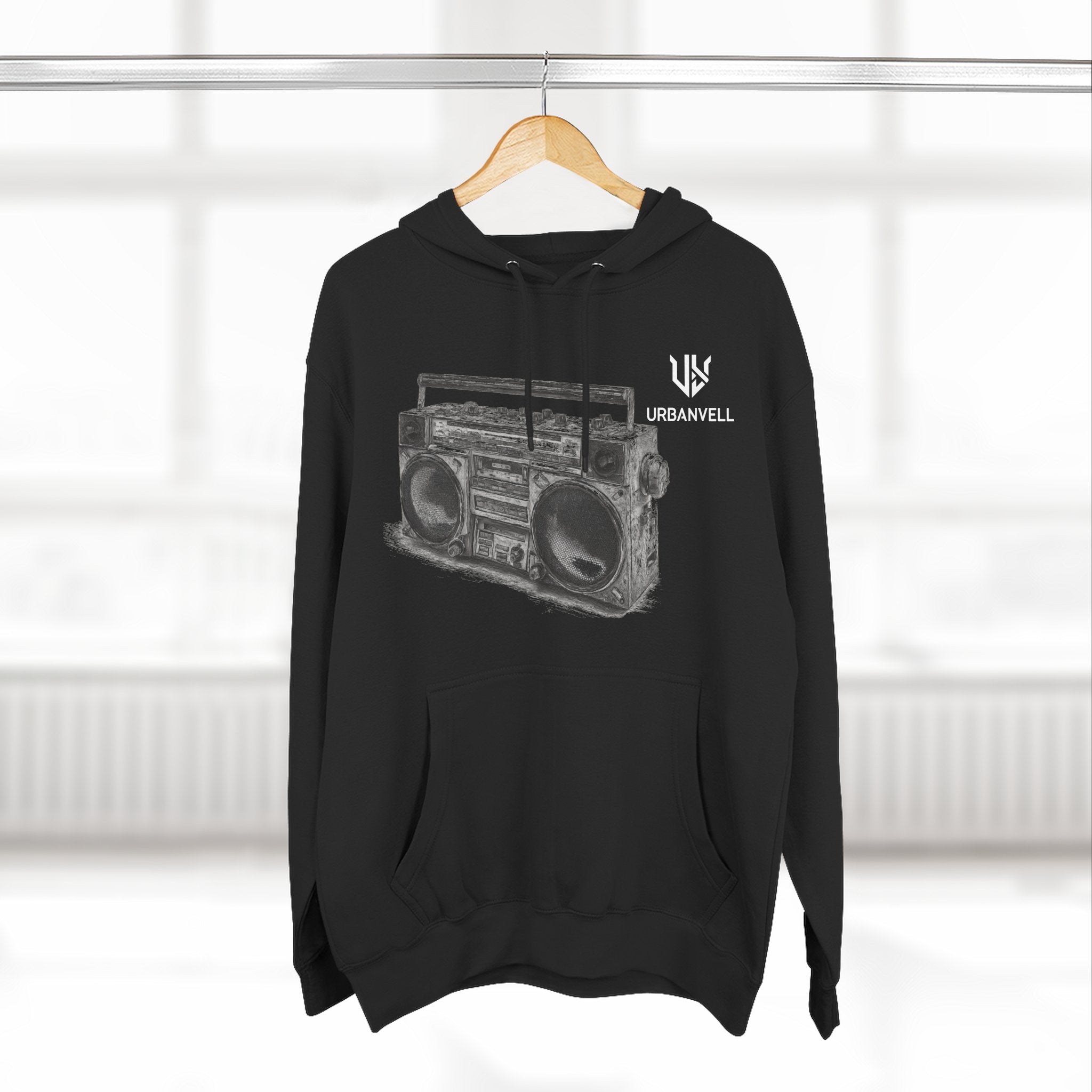 Boombox Sketch Hoodie — URBANVELL Retro Urban Music Fleece Pullover