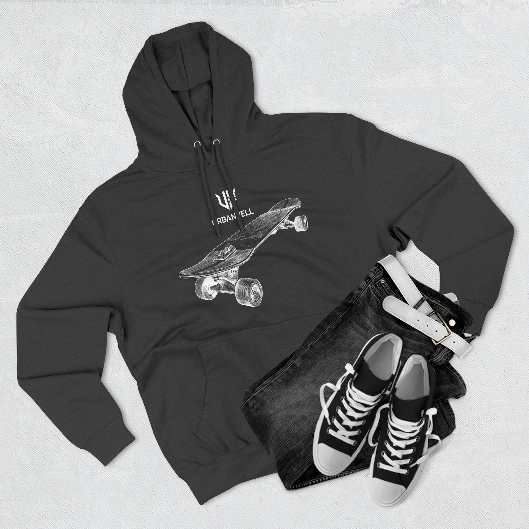 Skateboard Sketch Hoodie — URBANVELL Minimalist Hand-Drawn Skate Deck Pullover