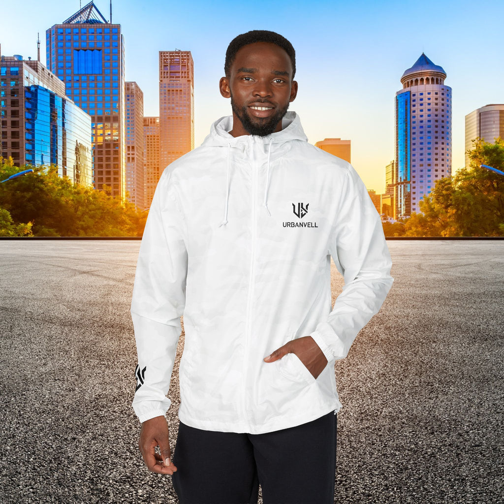 White Camo Windbreaker Jacket with URBANVELL Logo — Lightweight Full-Zip Hooded Jacket