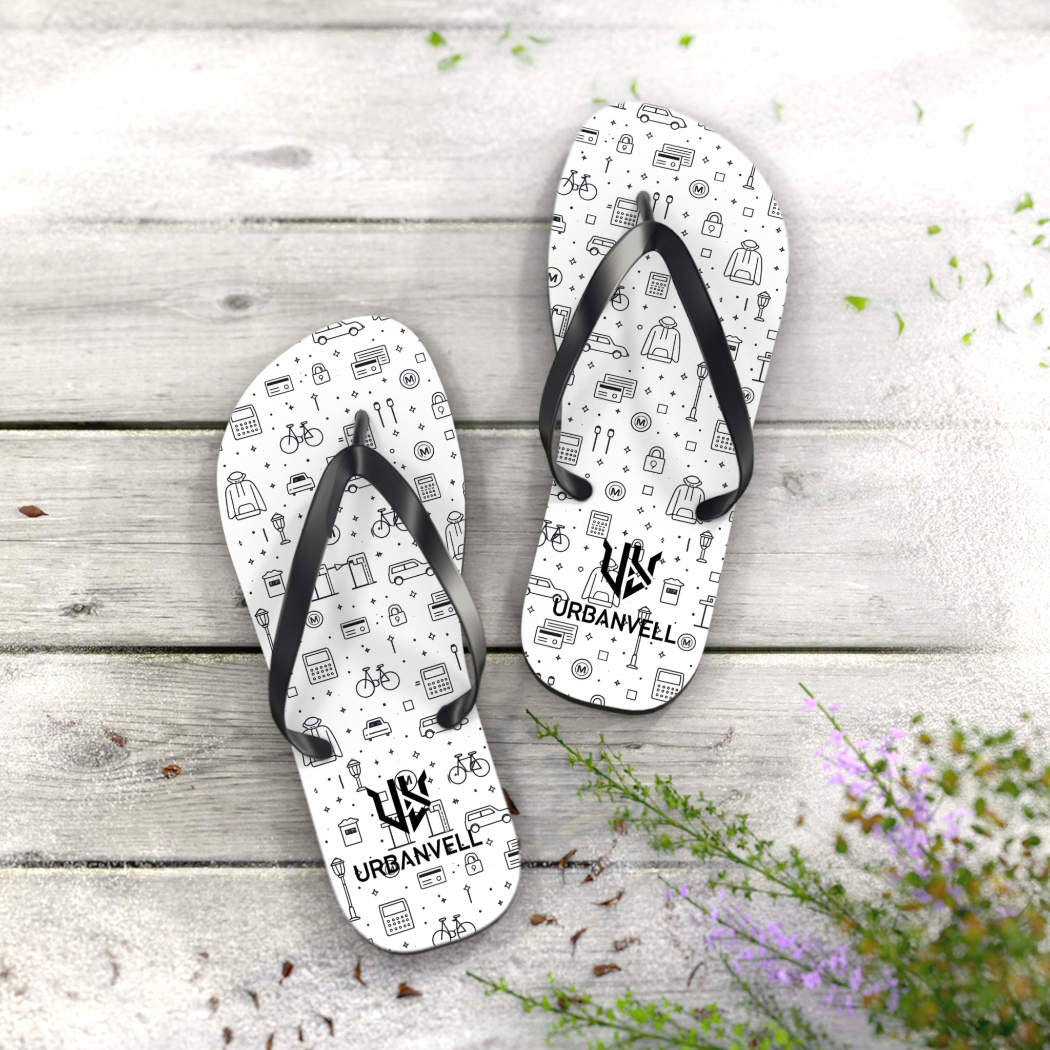 Urban Pattern Flip Flops — Monochrome City Icons Beach Sandals