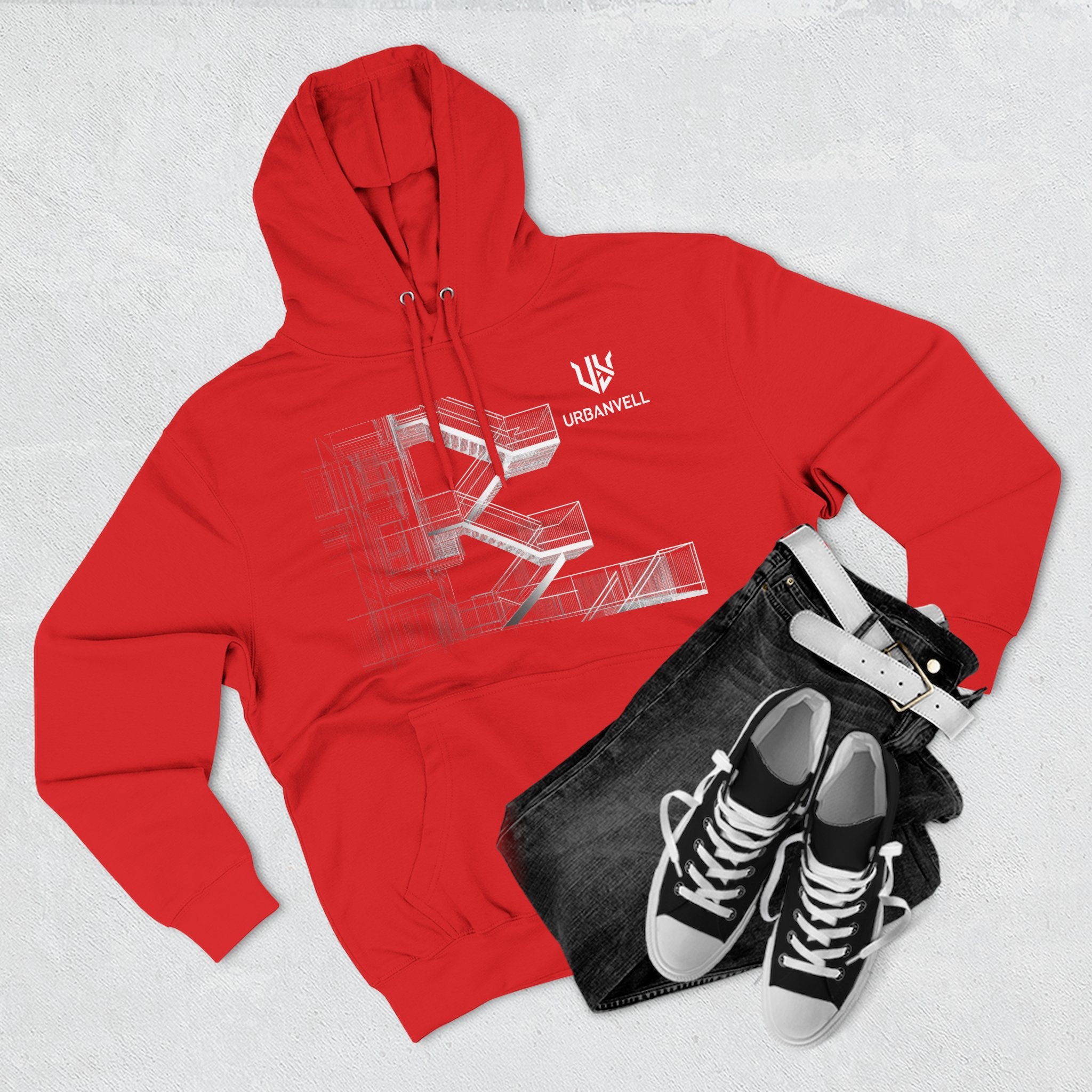 Architectural Fire Escape Stairs Sketch Hoodie — URBANVELL Three-Panel Fleece Pullover