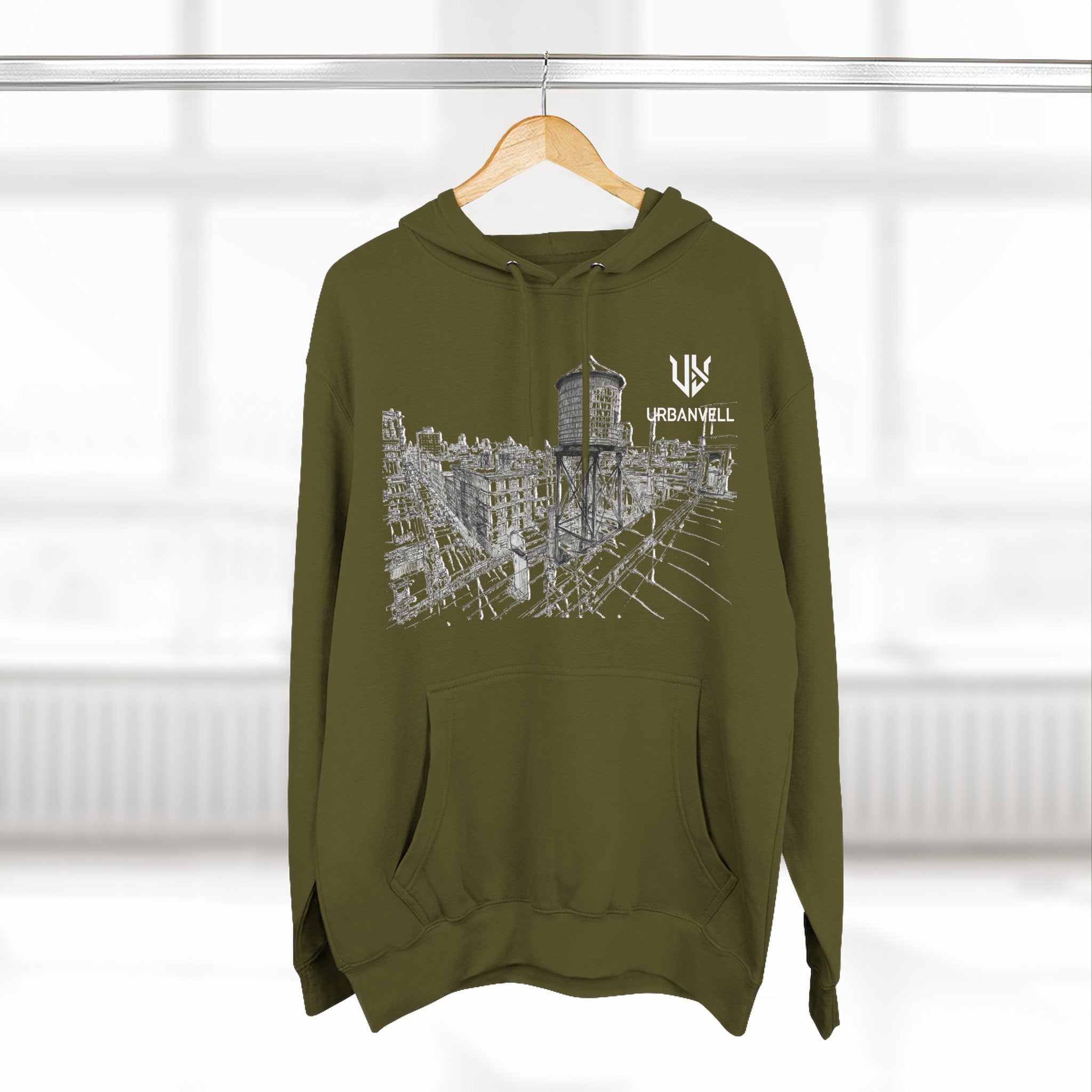 Water Tower Sketch Hoodie — URBANVELL Skyline Graphic Fleece Hoodie