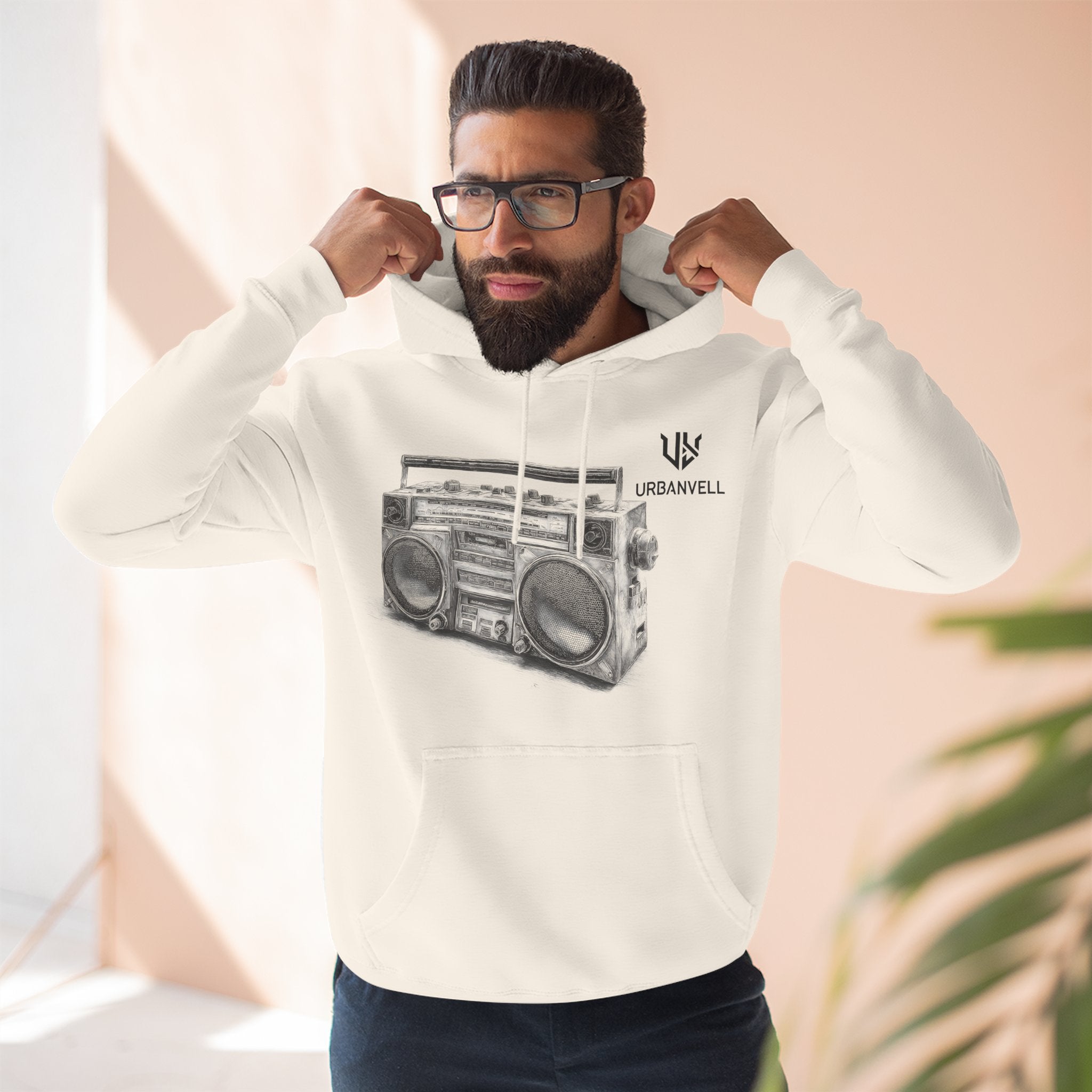 Boombox Sketch Hoodie — URBANVELL Retro Urban Music Fleece Pullover