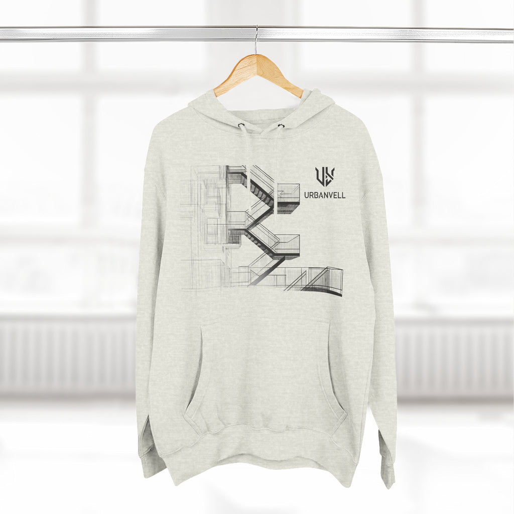 Architectural Fire Escape Stairs Sketch Hoodie — URBANVELL Three-Panel Fleece Pullover