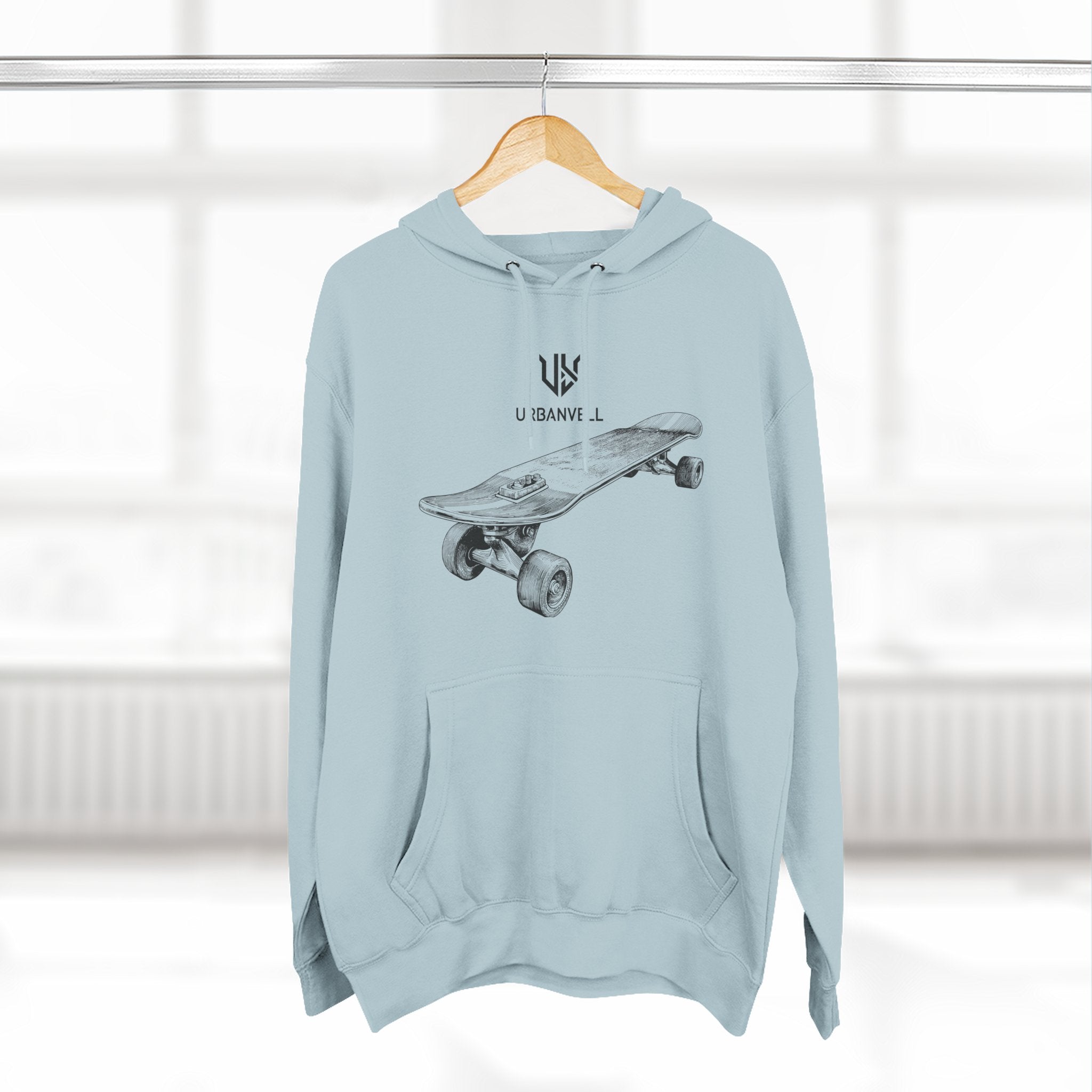 Skateboard Sketch Hoodie — URBANVELL Minimalist Hand-Drawn Skate Deck Pullover