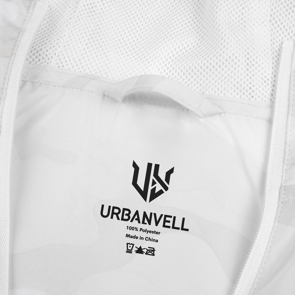 White Camo Windbreaker Jacket with URBANVELL Logo — Lightweight Full-Zip Hooded Jacket