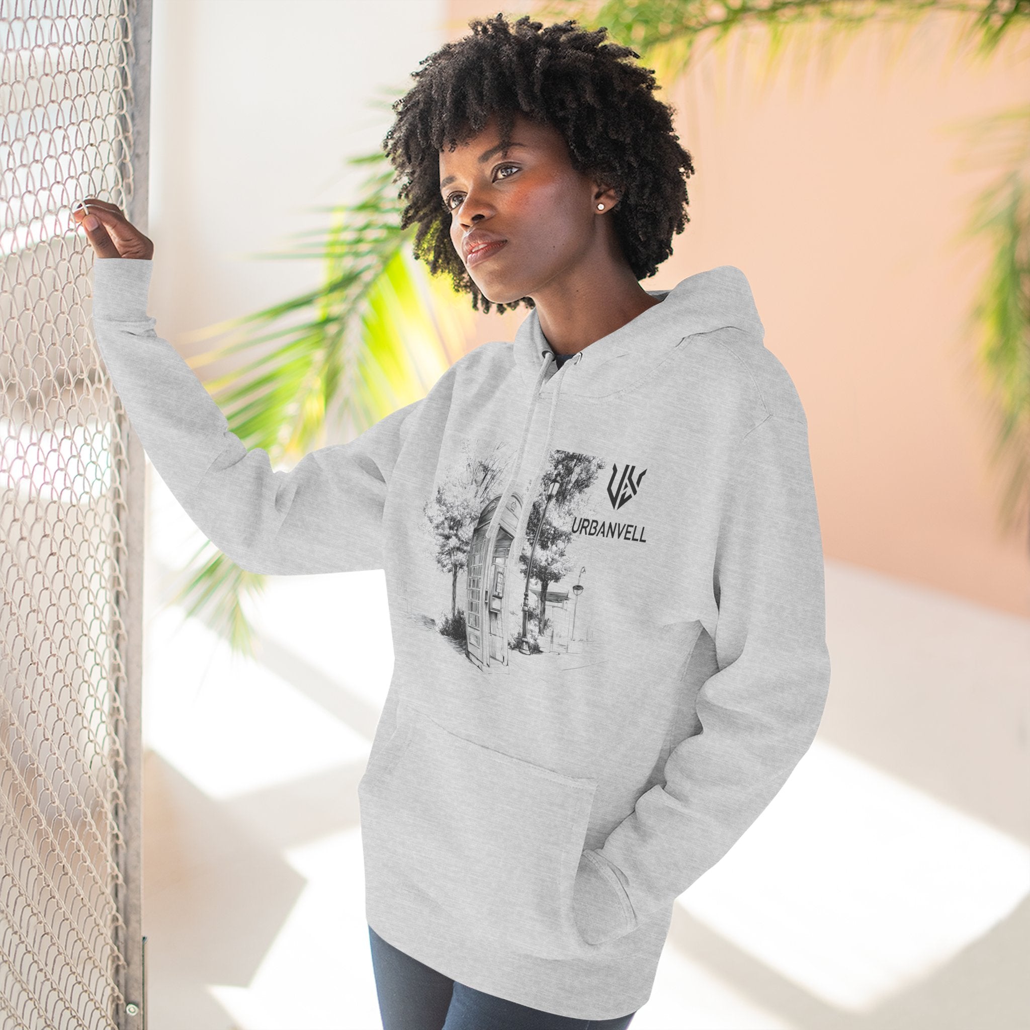 Phone Booth Three-Panel Fleece Hoodie — URBANVELL Minimal Urban Sketch Graphic Hoodie