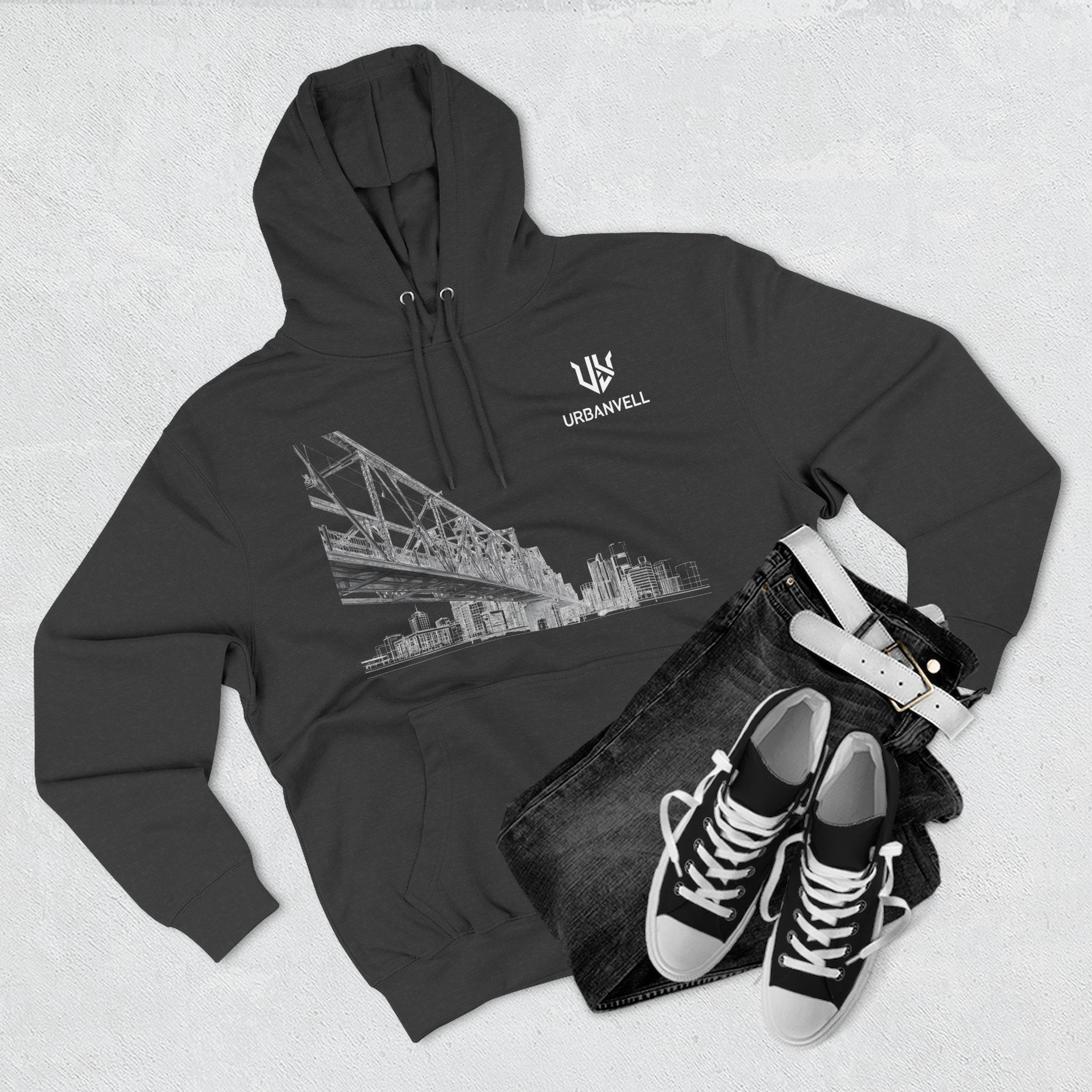 Railway Bridge Skyline Hoodie — URBANVELL Architectural Graphic Pullover