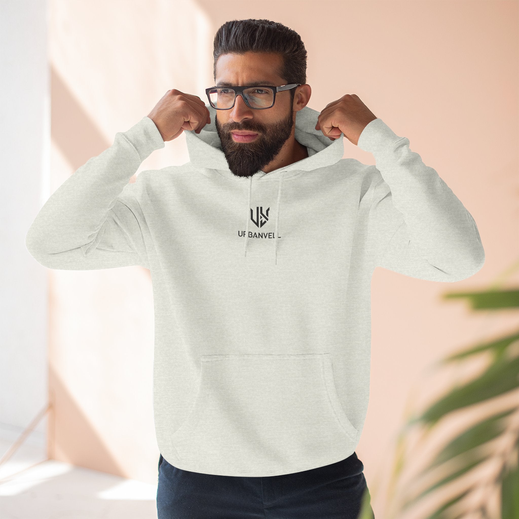 Minimal Small Cenetred Logo Hoodie — URBANVELL White Three-Panel Fleece Hooded Sweatshirt