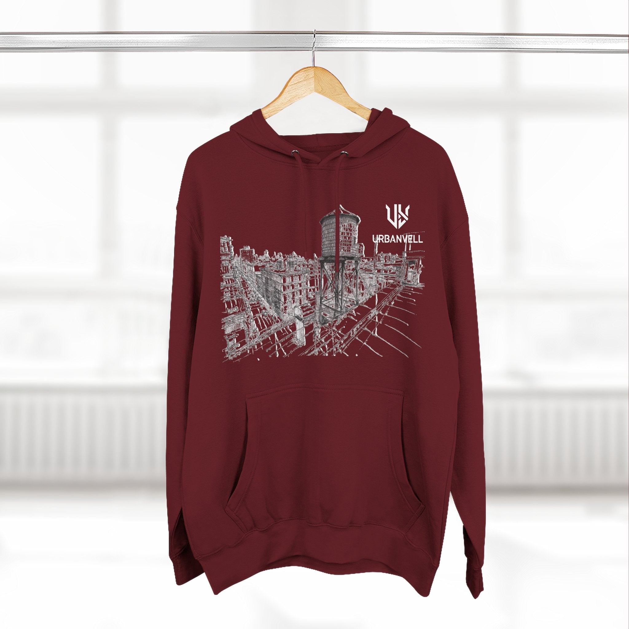Water Tower Sketch Hoodie — URBANVELL Skyline Graphic Fleece Hoodie