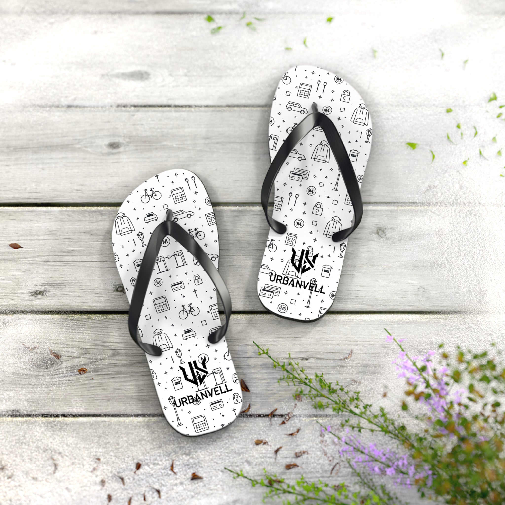 Urban Pattern Flip Flops — Monochrome City Icons Beach Sandals