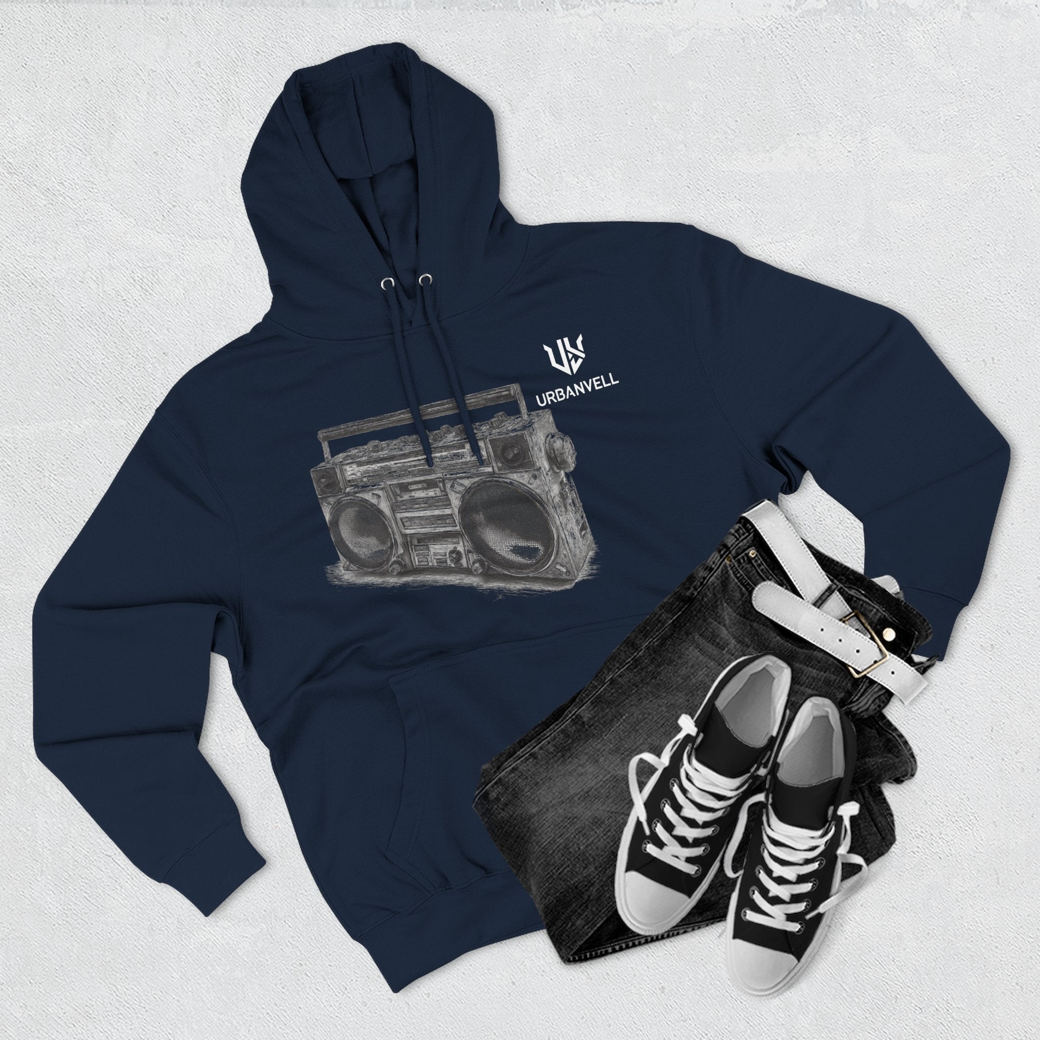 Boombox Sketch Hoodie — URBANVELL Retro Urban Music Fleece Pullover