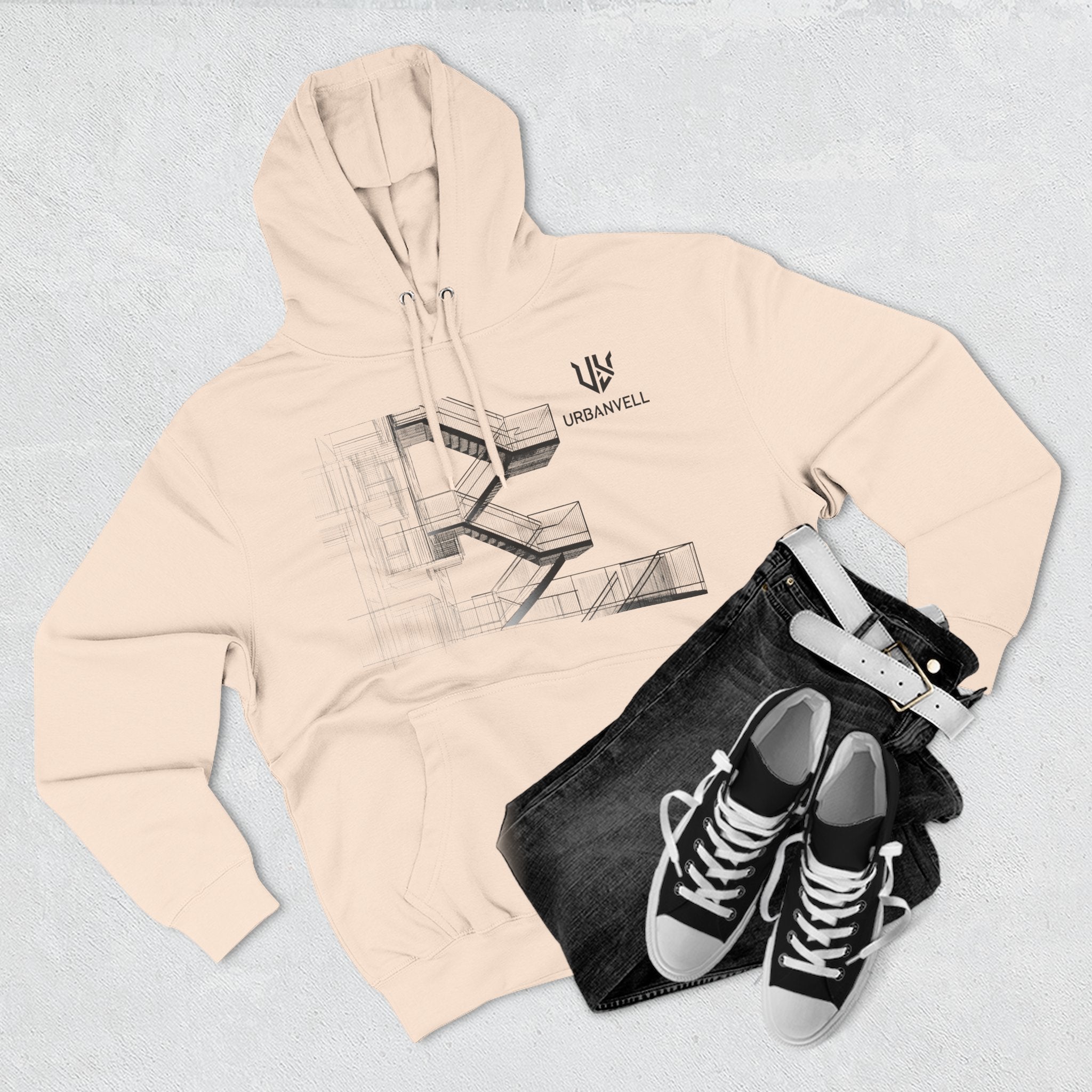 Architectural Fire Escape Stairs Sketch Hoodie — URBANVELL Three-Panel Fleece Pullover