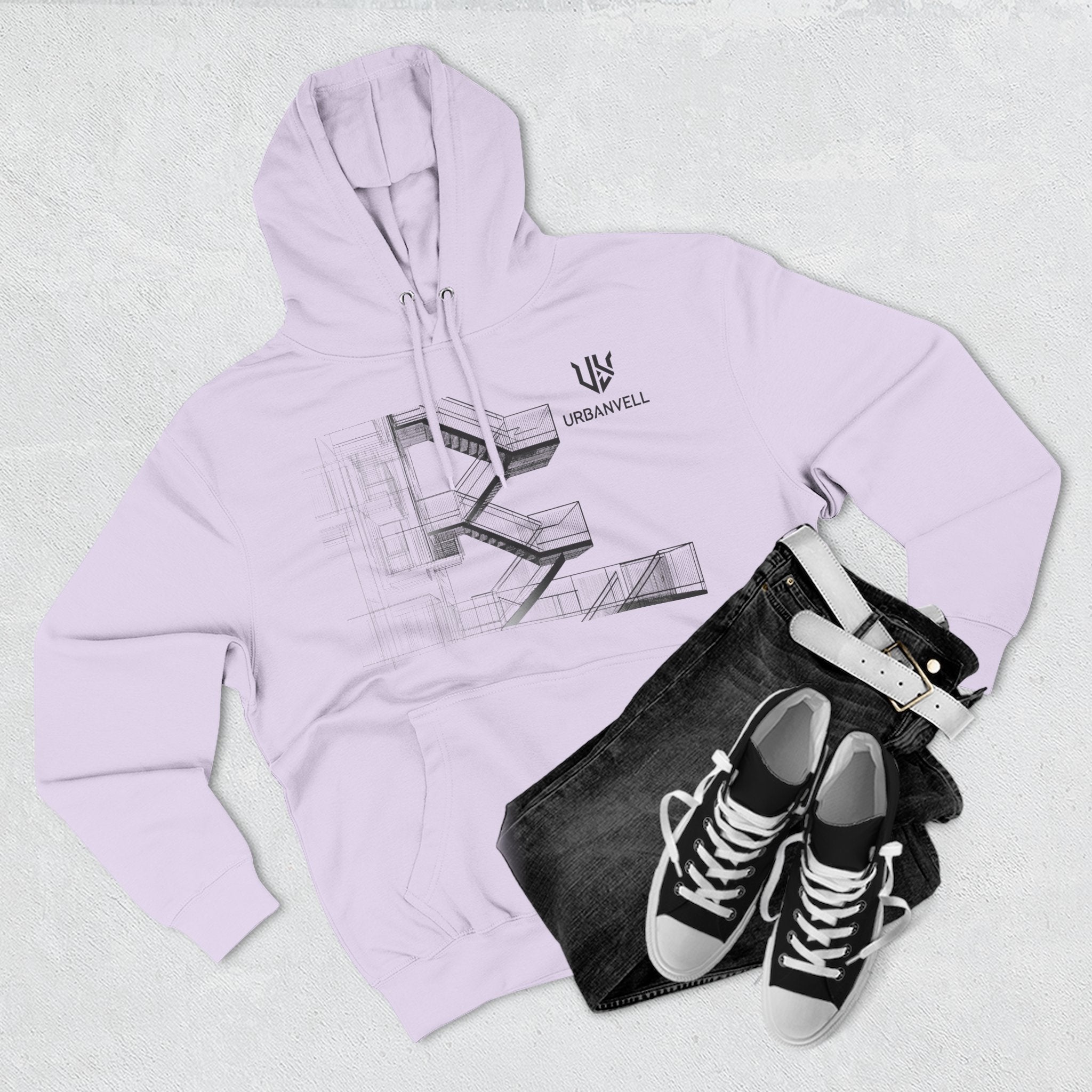 Architectural Fire Escape Stairs Sketch Hoodie — URBANVELL Three-Panel Fleece Pullover