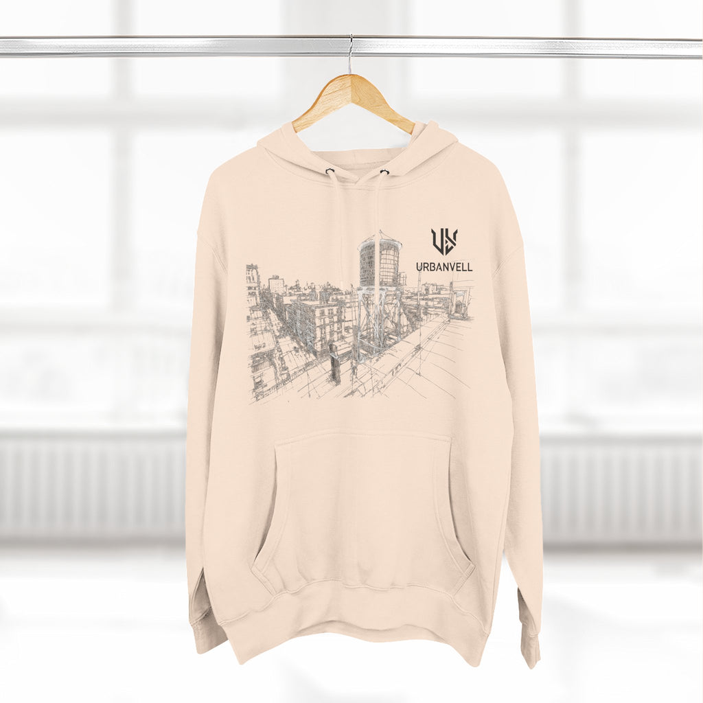 Water Tower Sketch Hoodie — URBANVELL Skyline Graphic Fleece Hoodie
