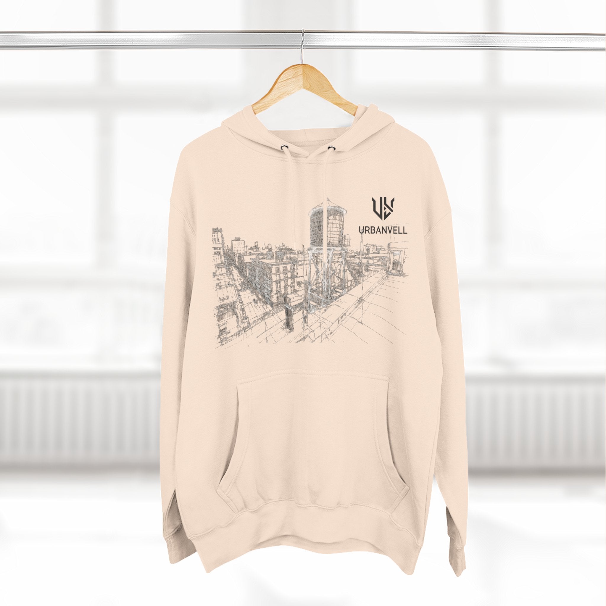 Water Tower Sketch Hoodie — URBANVELL Skyline Graphic Fleece Hoodie