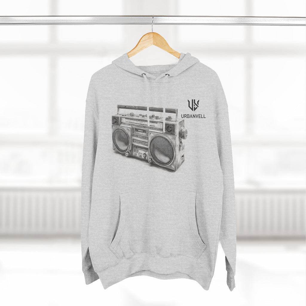 Boombox Sketch Hoodie — URBANVELL Retro Urban Music Fleece Pullover
