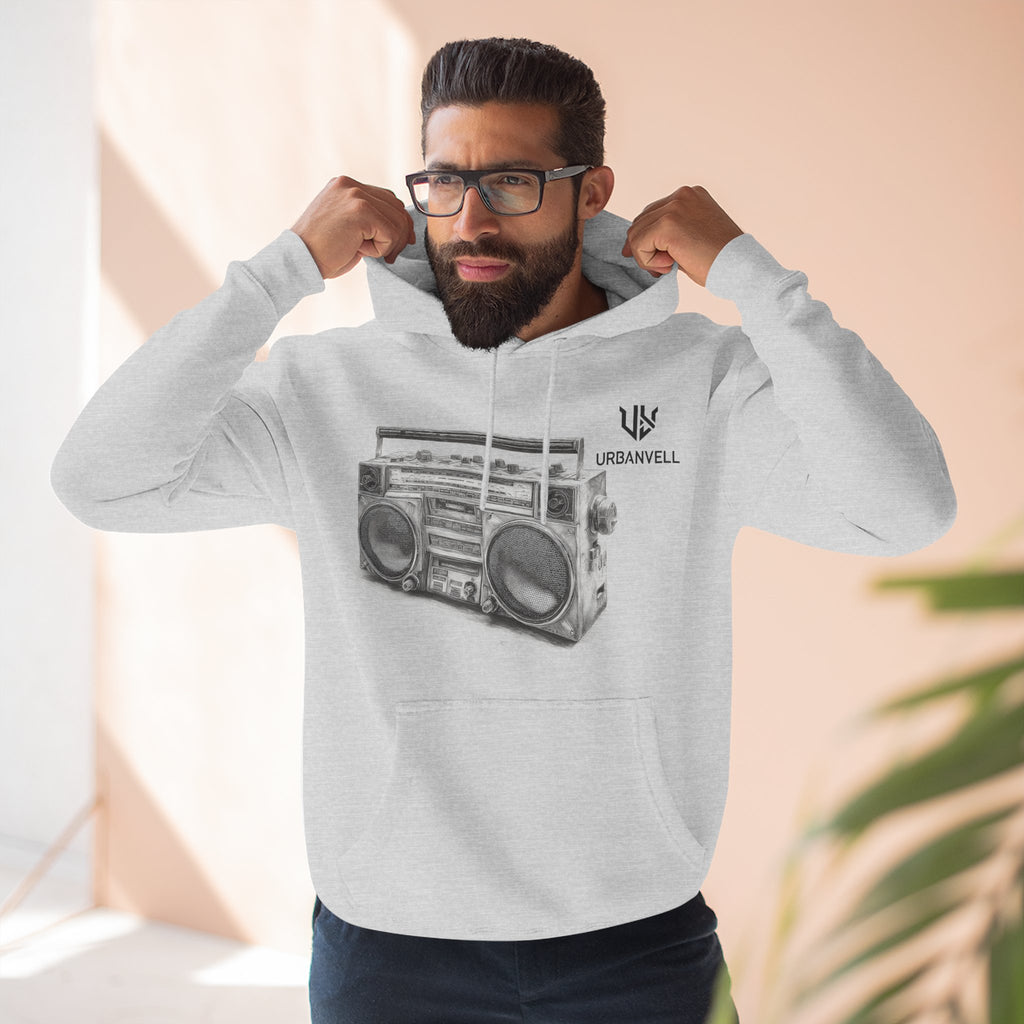 Boombox Sketch Hoodie — URBANVELL Retro Urban Music Fleece Pullover