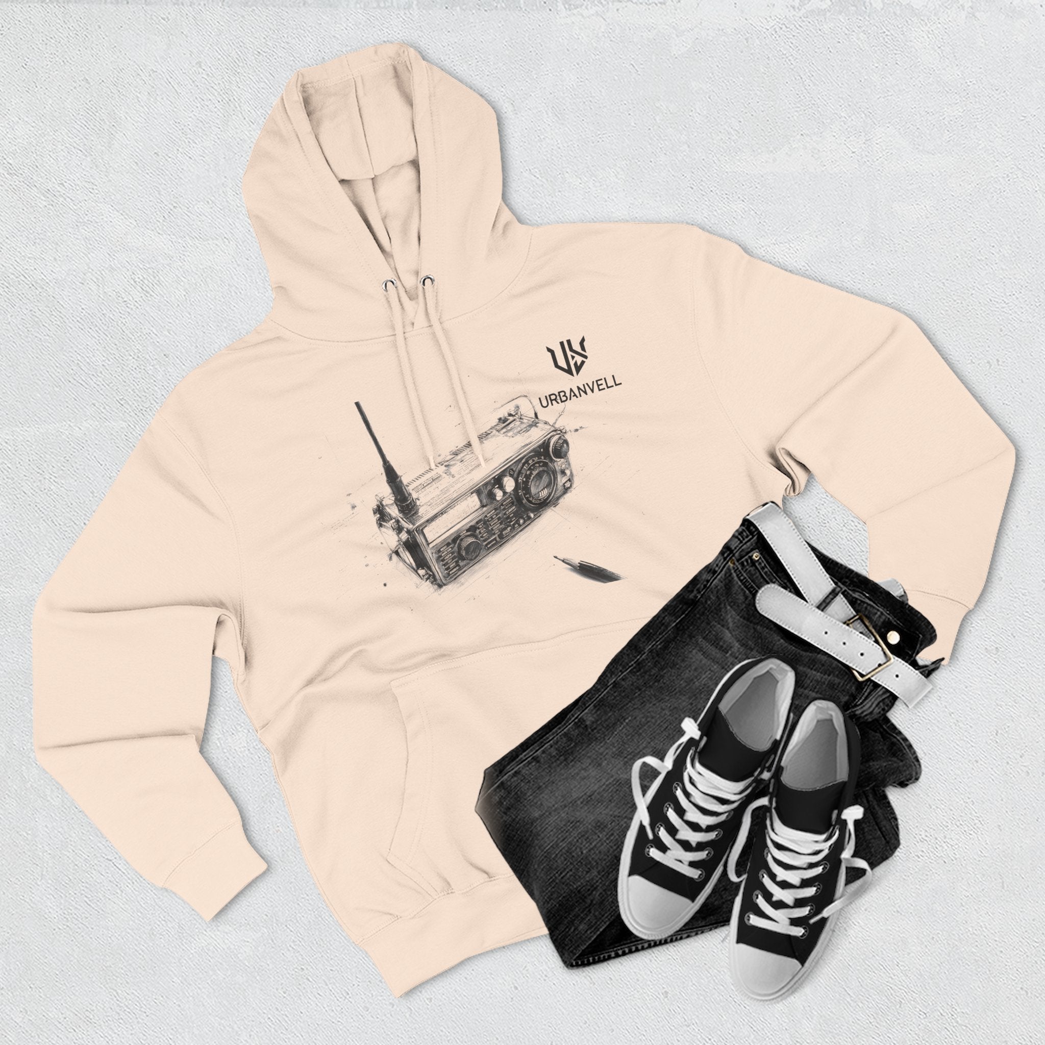 Walkie-Talkie Radio Sketch Hoodie — URBANVELL Minimal Urban Radio Graphic Fleece Pullover