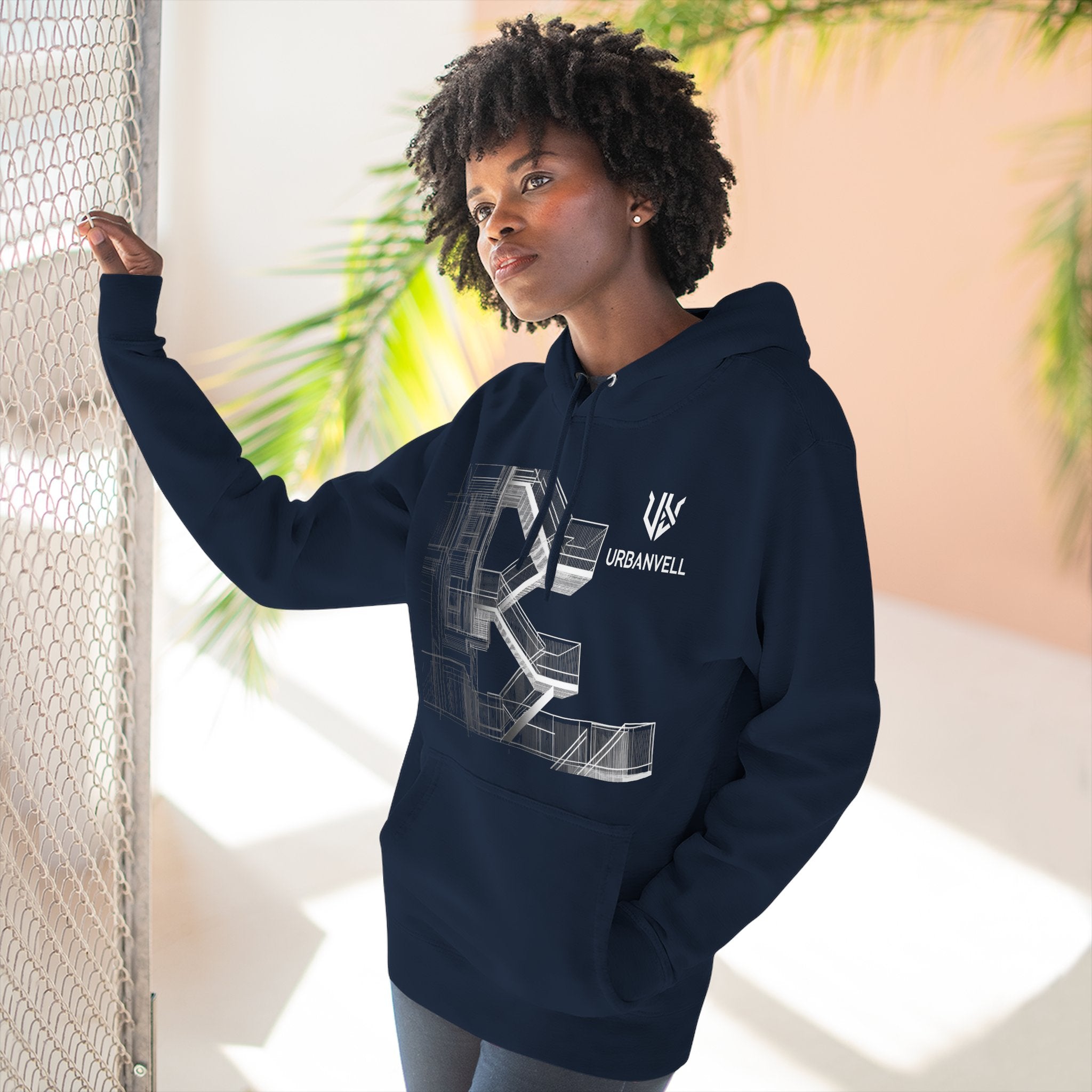 Architectural Fire Escape Stairs Sketch Hoodie — URBANVELL Three-Panel Fleece Pullover