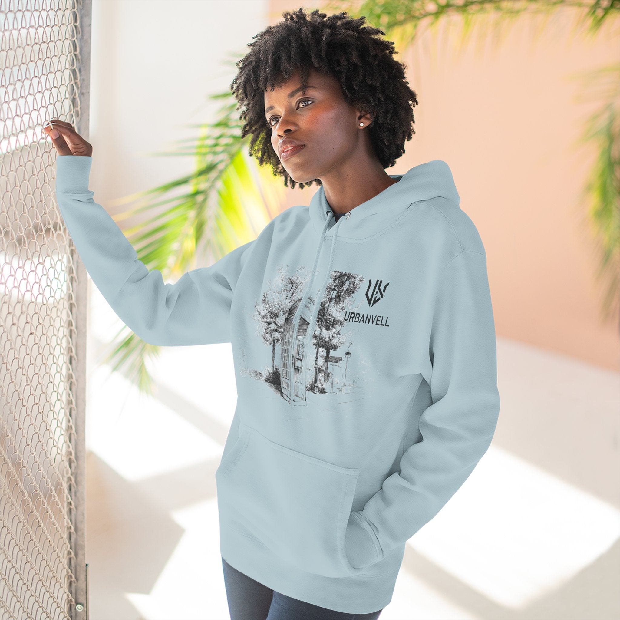 Phone Booth Three-Panel Fleece Hoodie — URBANVELL Minimal Urban Sketch Graphic Hoodie