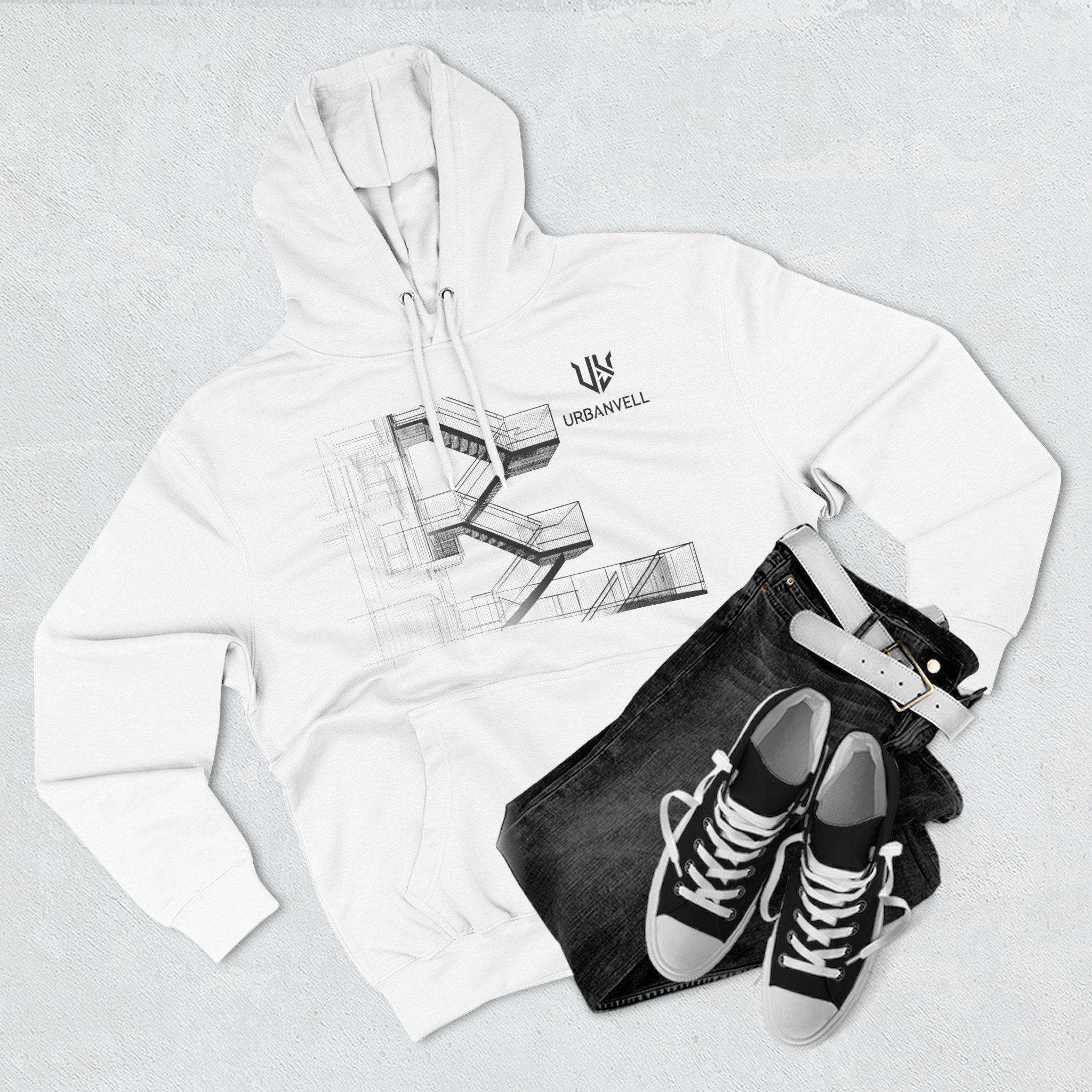 Architectural Fire Escape Stairs Sketch Hoodie — URBANVELL Three-Panel Fleece Pullover