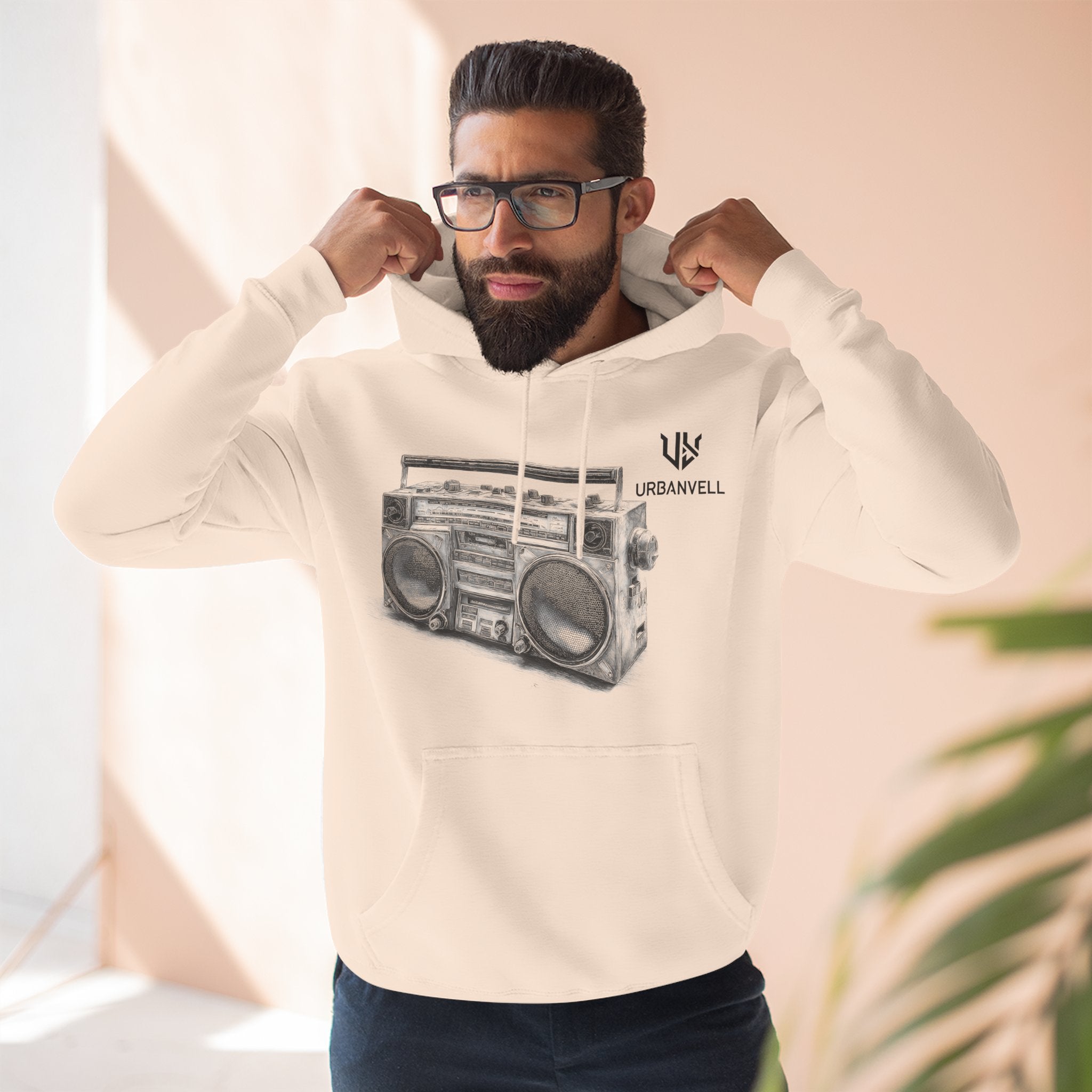 Boombox Sketch Hoodie — URBANVELL Retro Urban Music Fleece Pullover