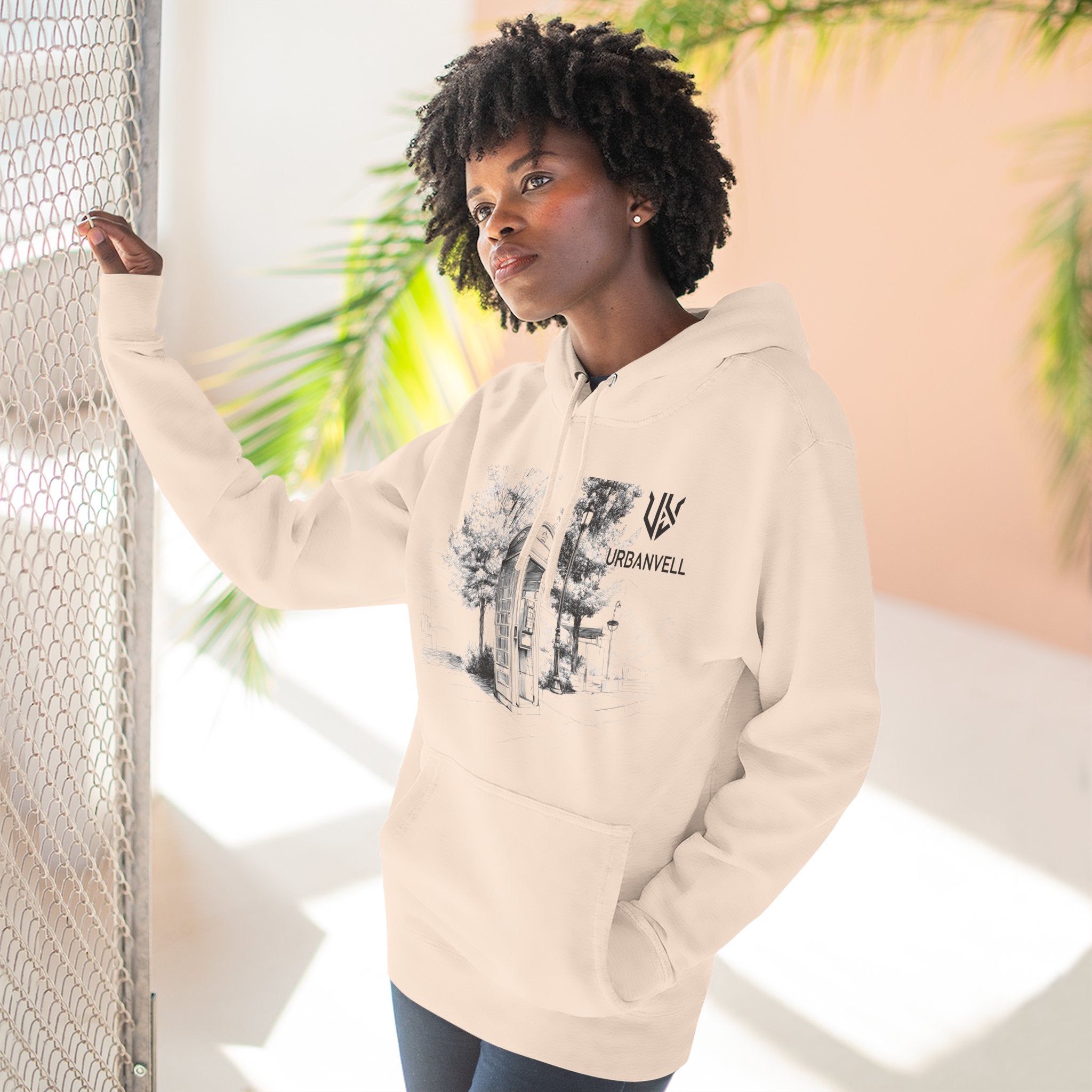 Phone Booth Three-Panel Fleece Hoodie — URBANVELL Minimal Urban Sketch Graphic Hoodie