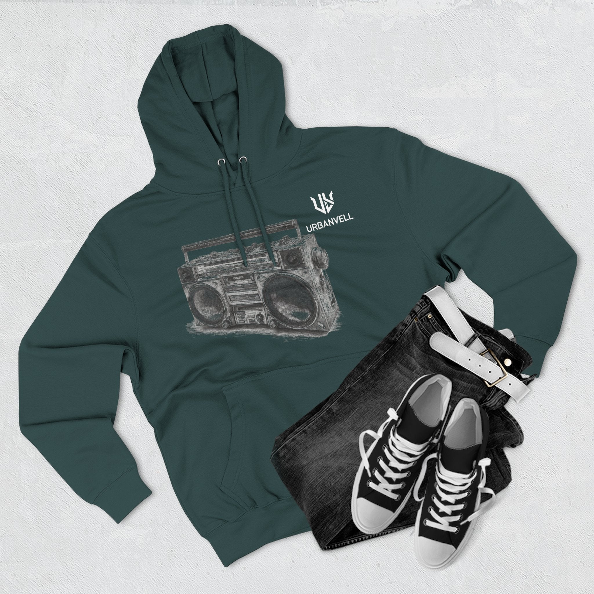 Boombox Sketch Hoodie — URBANVELL Retro Urban Music Fleece Pullover