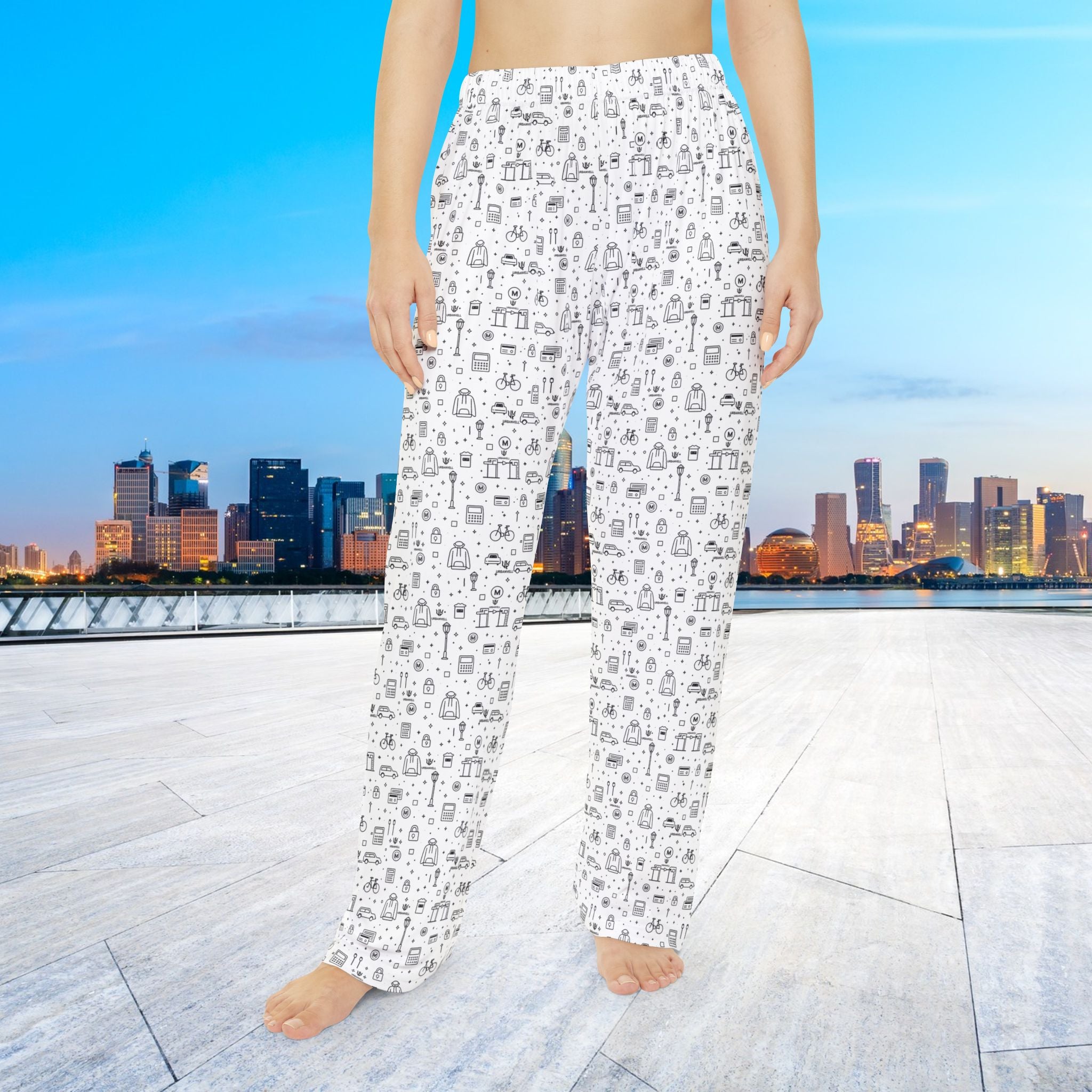 Women's Pajama Pants — URBANVELL Cozy Black & White Cat Doodle All-Over Print