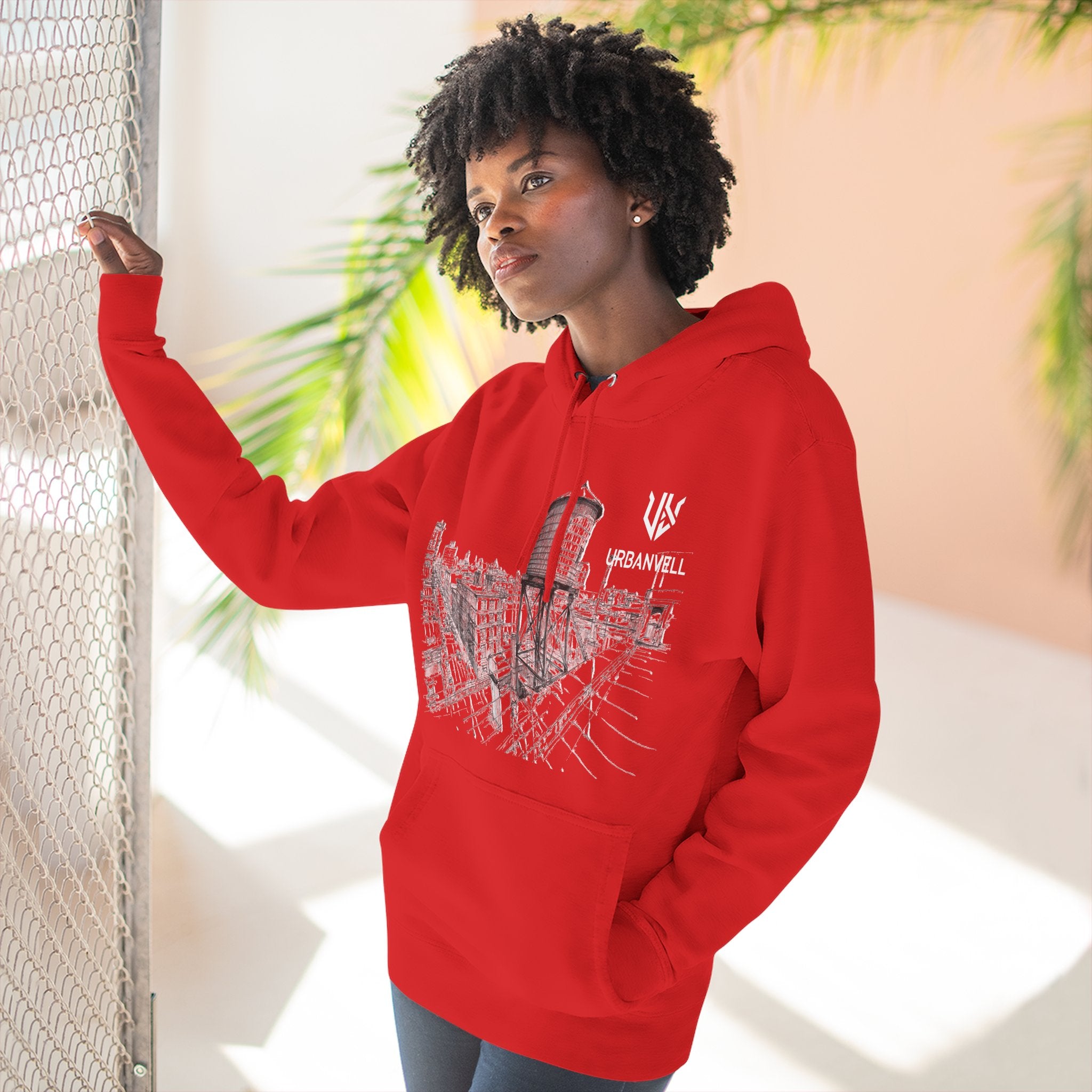 Water Tower Sketch Hoodie — URBANVELL Skyline Graphic Fleece Hoodie