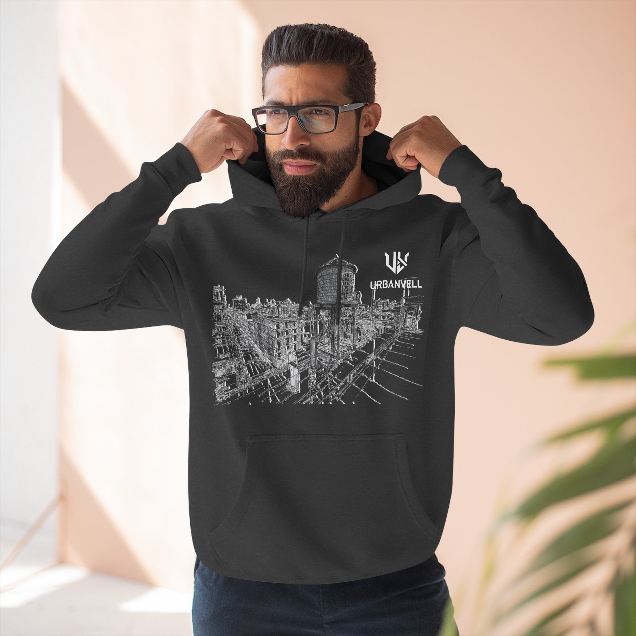 Water Tower Sketch Hoodie — URBANVELL Skyline Graphic Fleece Hoodie