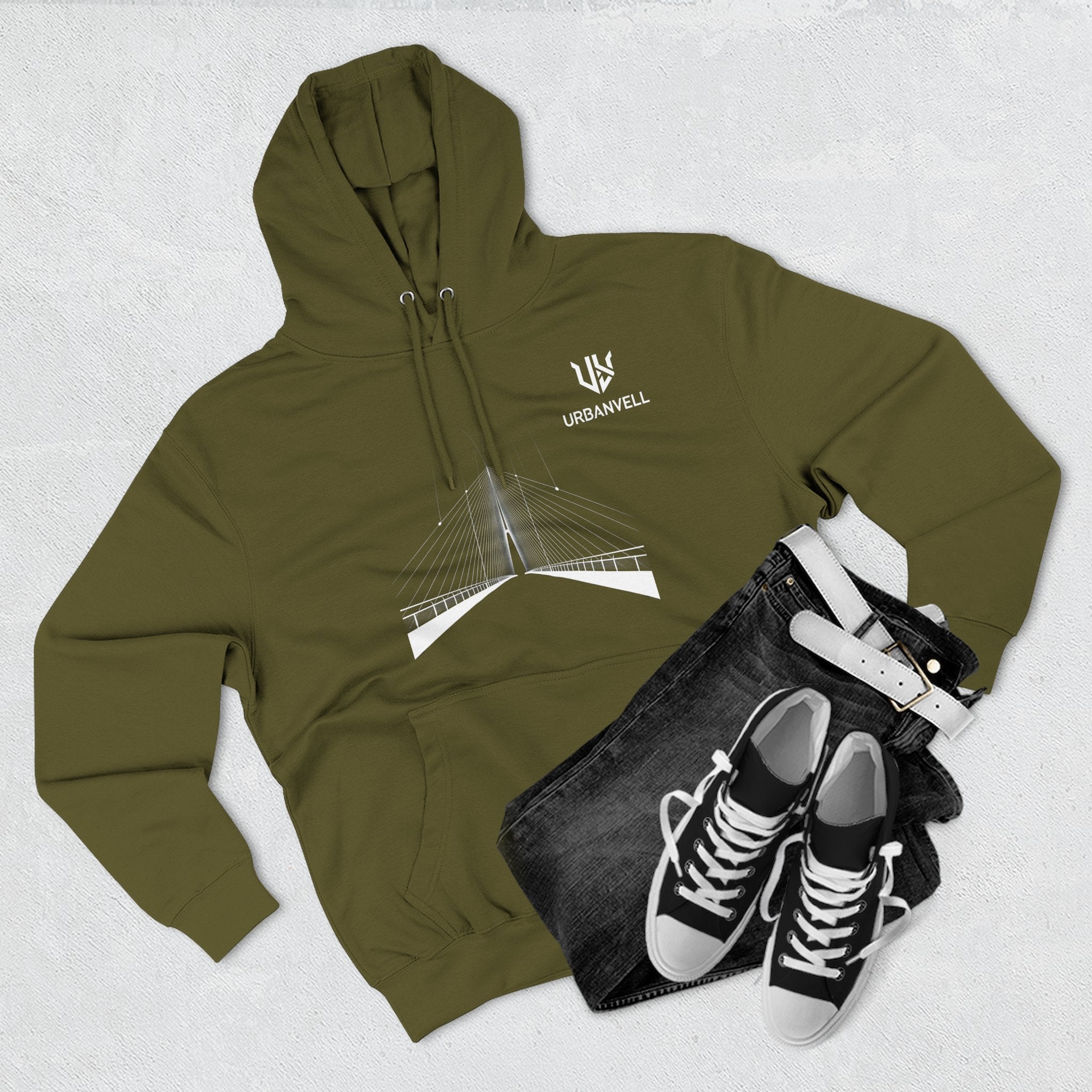 Minimalist Bridge Graphic Hoodie — URBANVELL Three-Panel Fleece Hoodie