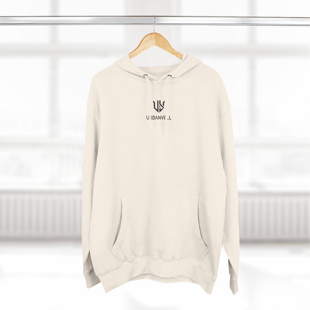 Minimal Small Cenetred Logo Hoodie — URBANVELL White Three-Panel Fleece Hooded Sweatshirt
