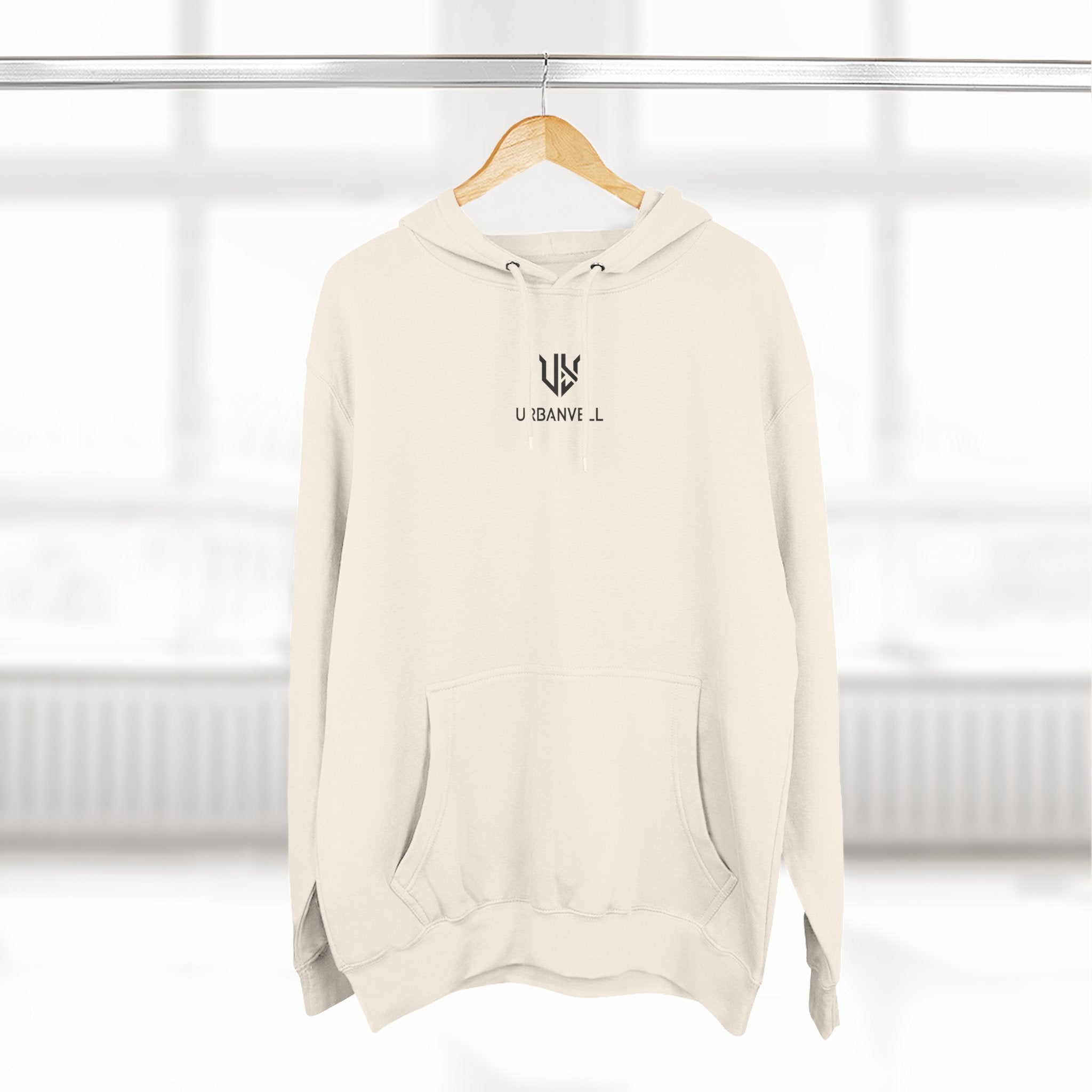 Minimal Small Cenetred Logo Hoodie — URBANVELL White Three-Panel Fleece Hooded Sweatshirt